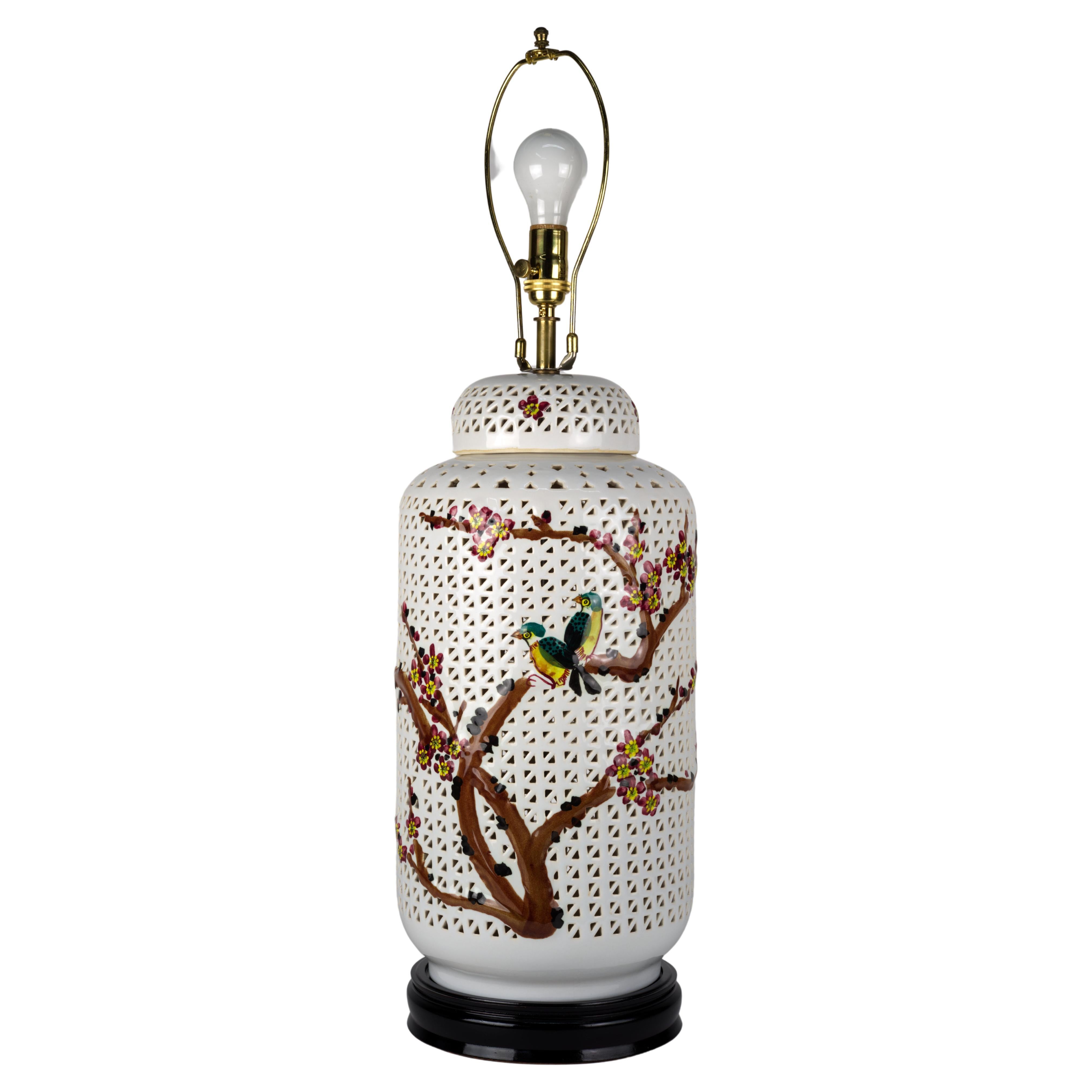 Chinoiserie Reticulated Ginger Jar Table Lamp White Blossoming Branches Birds  For Sale