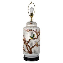 Vintage Chinoiserie Reticulated Ginger Jar Table Lamp White Blossoming Branches Birds 