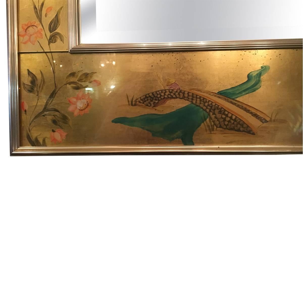 Chinoiserie Reverse Painted Wall Mirror In Excellent Condition In Pasadena, CA
