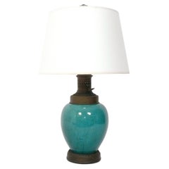 Chinoiserie Robins Egg Blue Craquelure Ceramic Lamp 1940s or Earlier Rewired