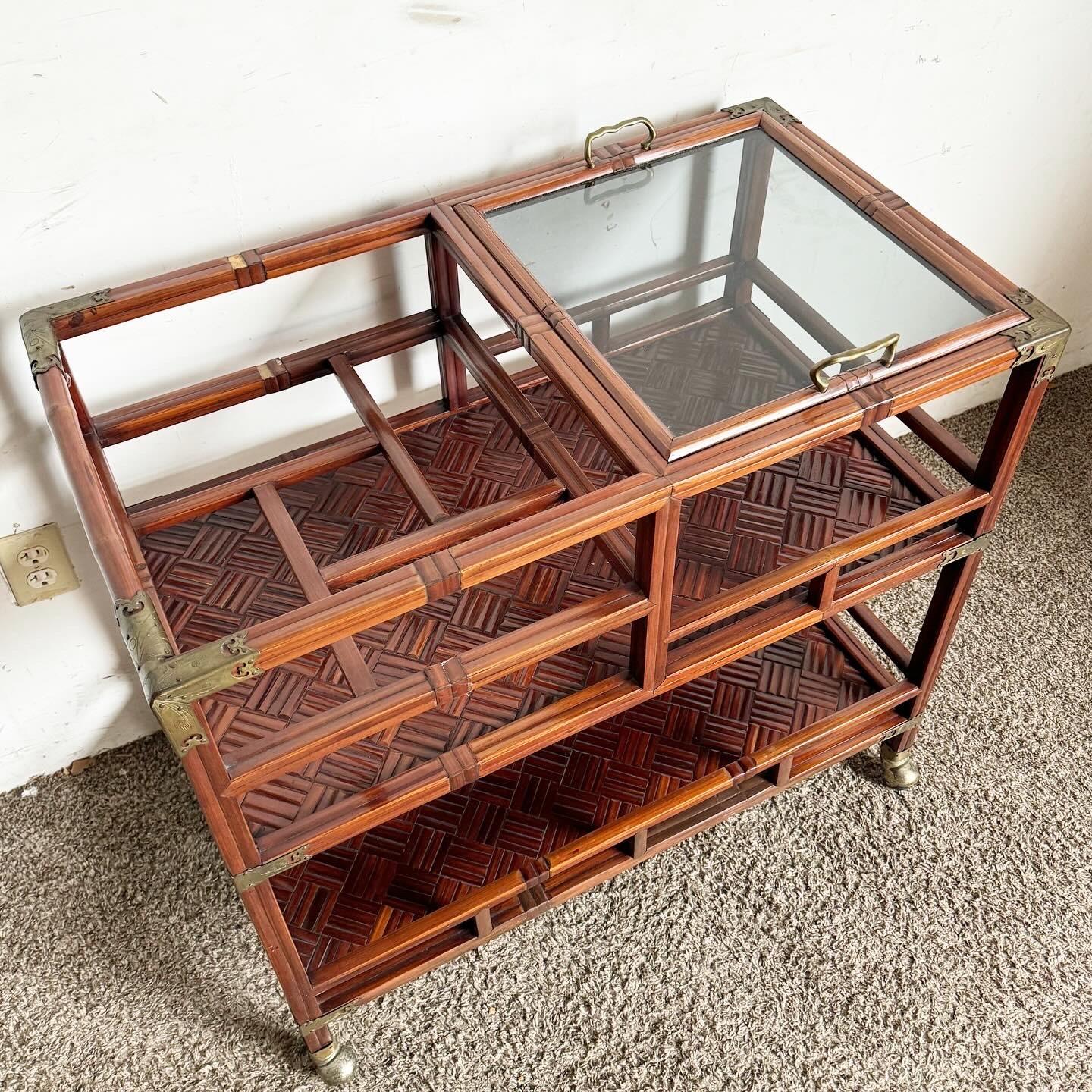 Unknown Chinoiserie Rose Finish Rattan and Brass Bar/Tea Cart