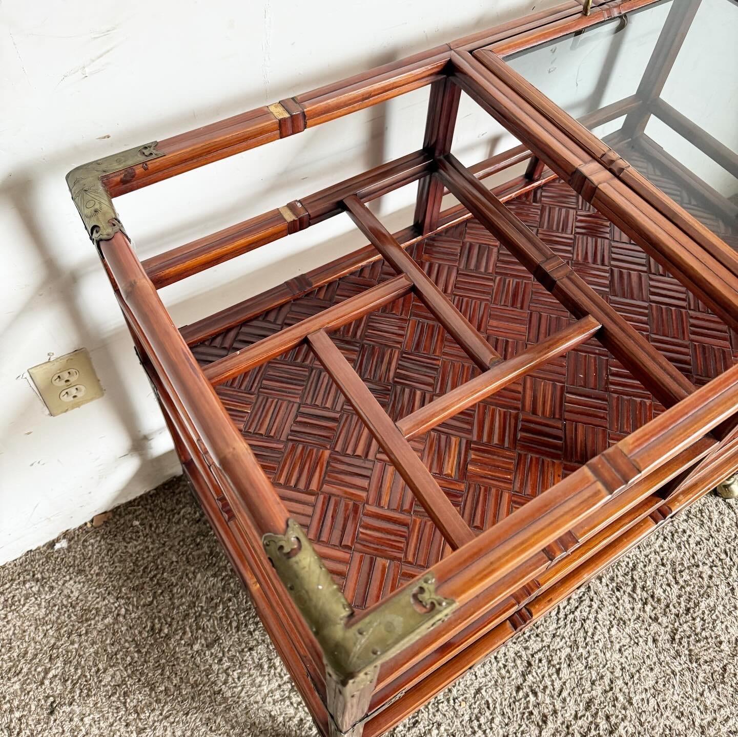 Chinoiserie Rose Finish Rattan and Brass Bar/Tea Cart In Good Condition In Delray Beach, FL