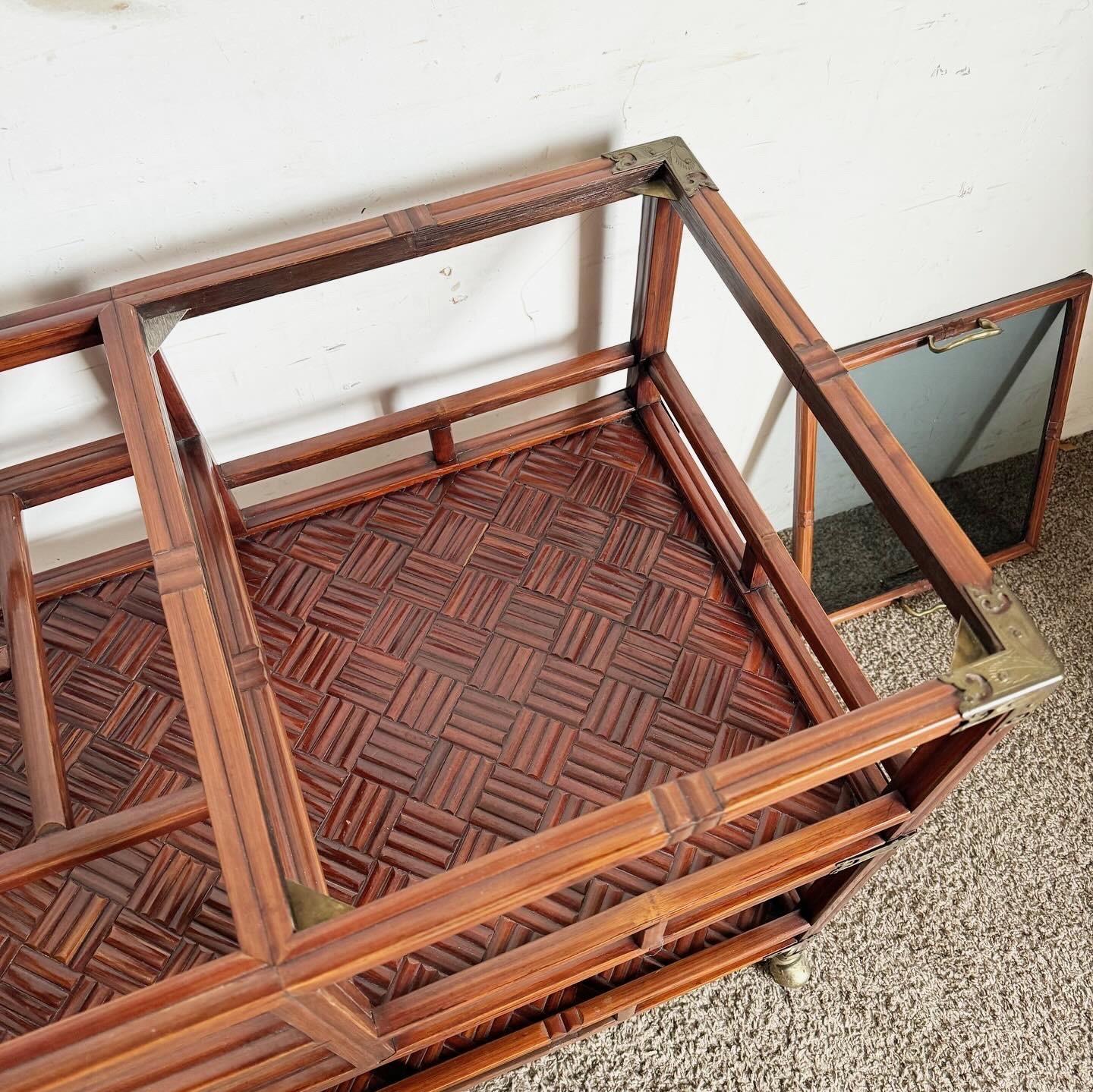 Late 20th Century Chinoiserie Rose Finish Rattan and Brass Bar/Tea Cart
