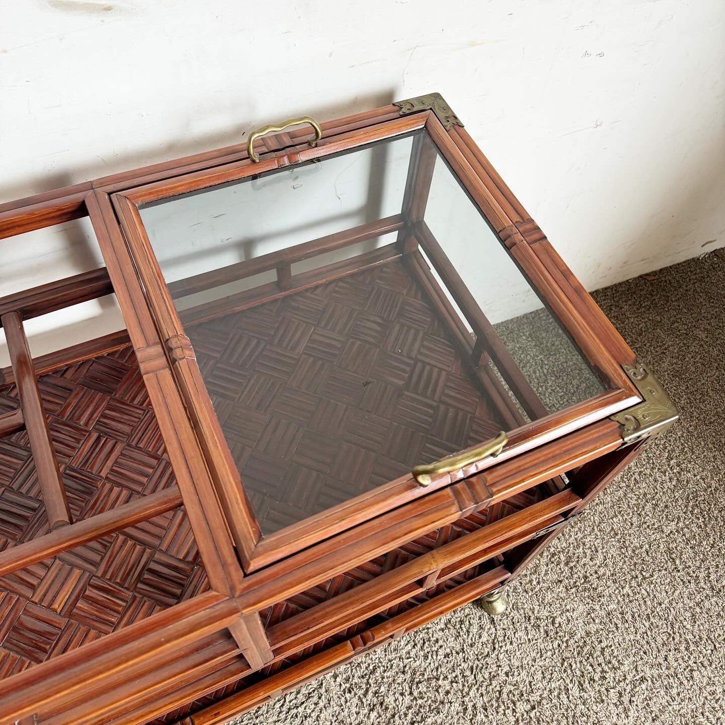 Chinoiserie Rose Finish Rattan and Brass Bar/Tea Cart 1