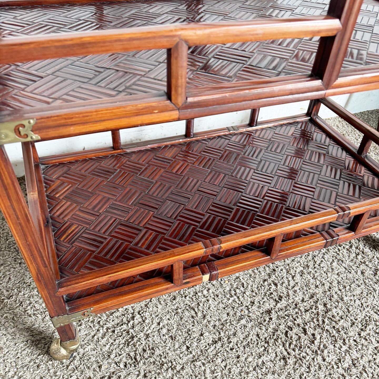Chinoiserie Rose Finish Rattan and Brass Bar/Tea Cart 3