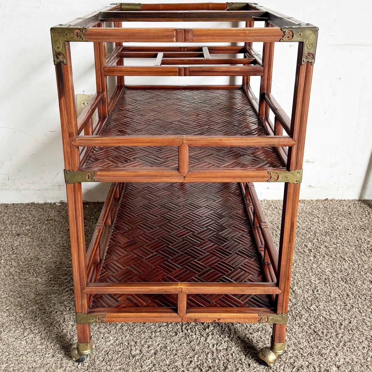 Chinoiserie Rose Finish Rattan and Brass Bar/Tea Cart 4