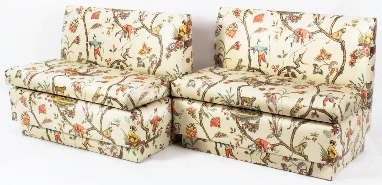 Scalamandre vintage chinoiserie glazed cotton chintz banquette
Gorgeous custom ordered chinoiserie canquette. Cream background features a gently ordered pattern featuring acrobats, tigers, monkeys, elephants and stylized foliage, blossoms and