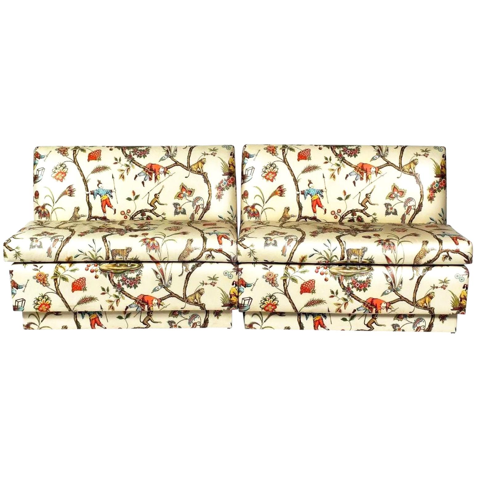Chinoiserie Scalamandre Modern Polished Cotton Cream Banquette Bench