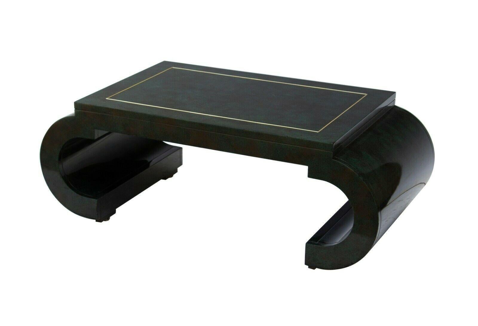 Chinoiserie Scroll Coffee Table Dark Green Lacquer with Brass Bead by Mastercraf 4