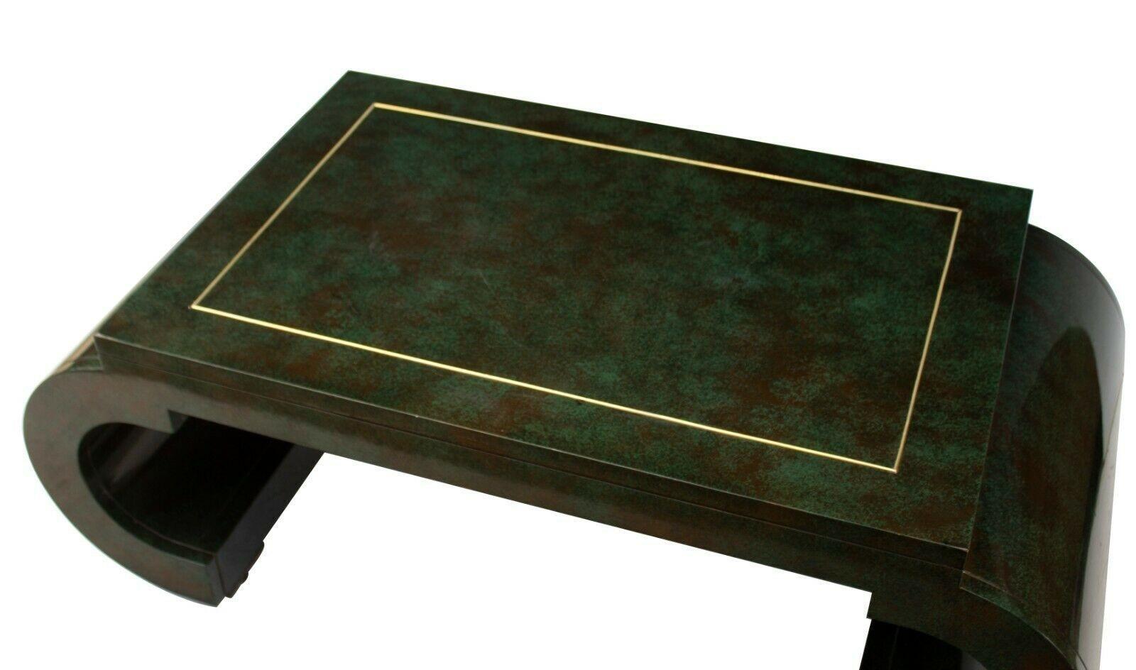 American Chinoiserie Scroll Coffee Table Dark Green Lacquer with Brass Bead by Mastercraf