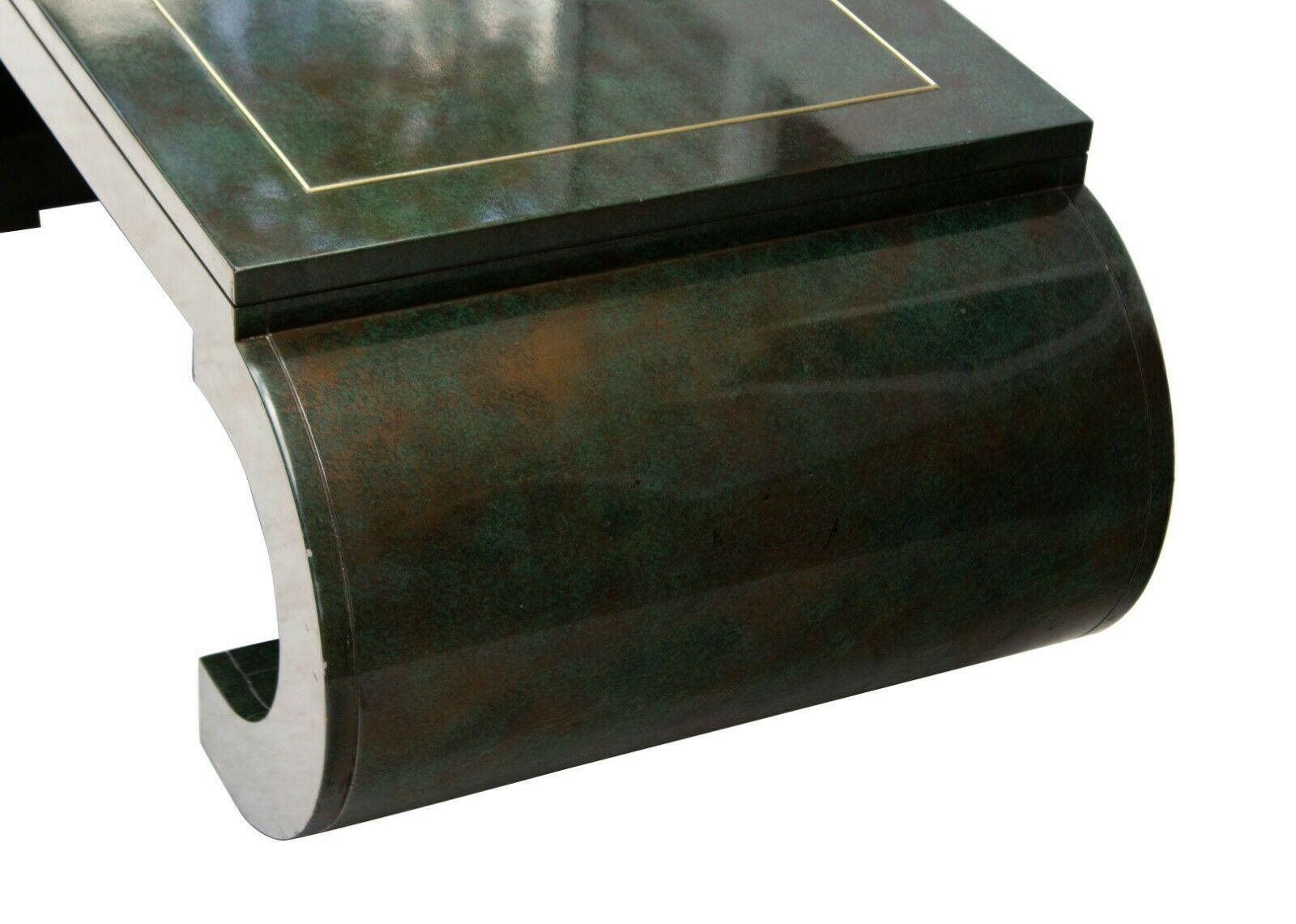 Late 20th Century Chinoiserie Scroll Coffee Table Dark Green Lacquer with Brass Bead by Mastercraf