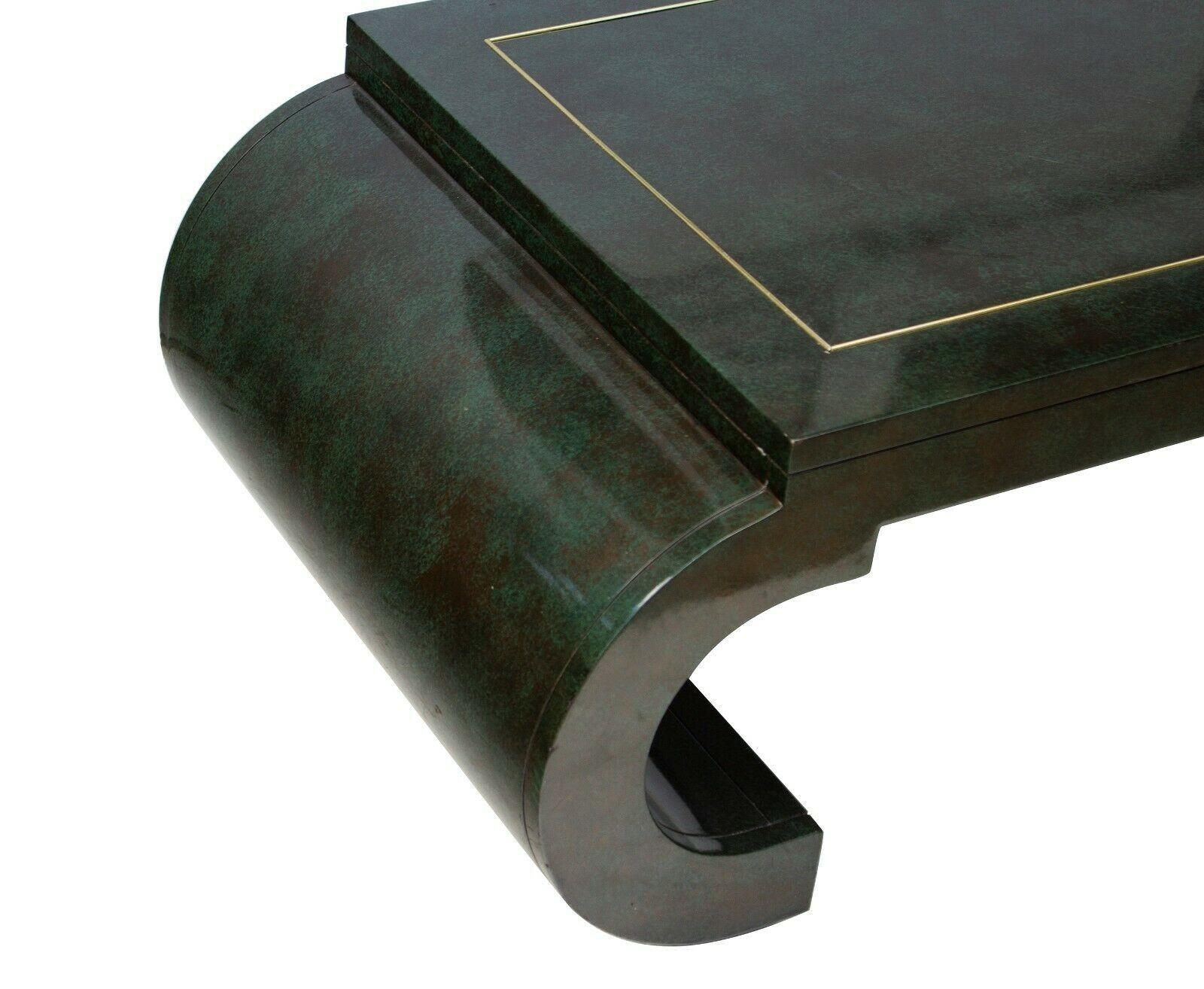 Chinoiserie Scroll Coffee Table Dark Green Lacquer with Brass Bead by Mastercraf 1