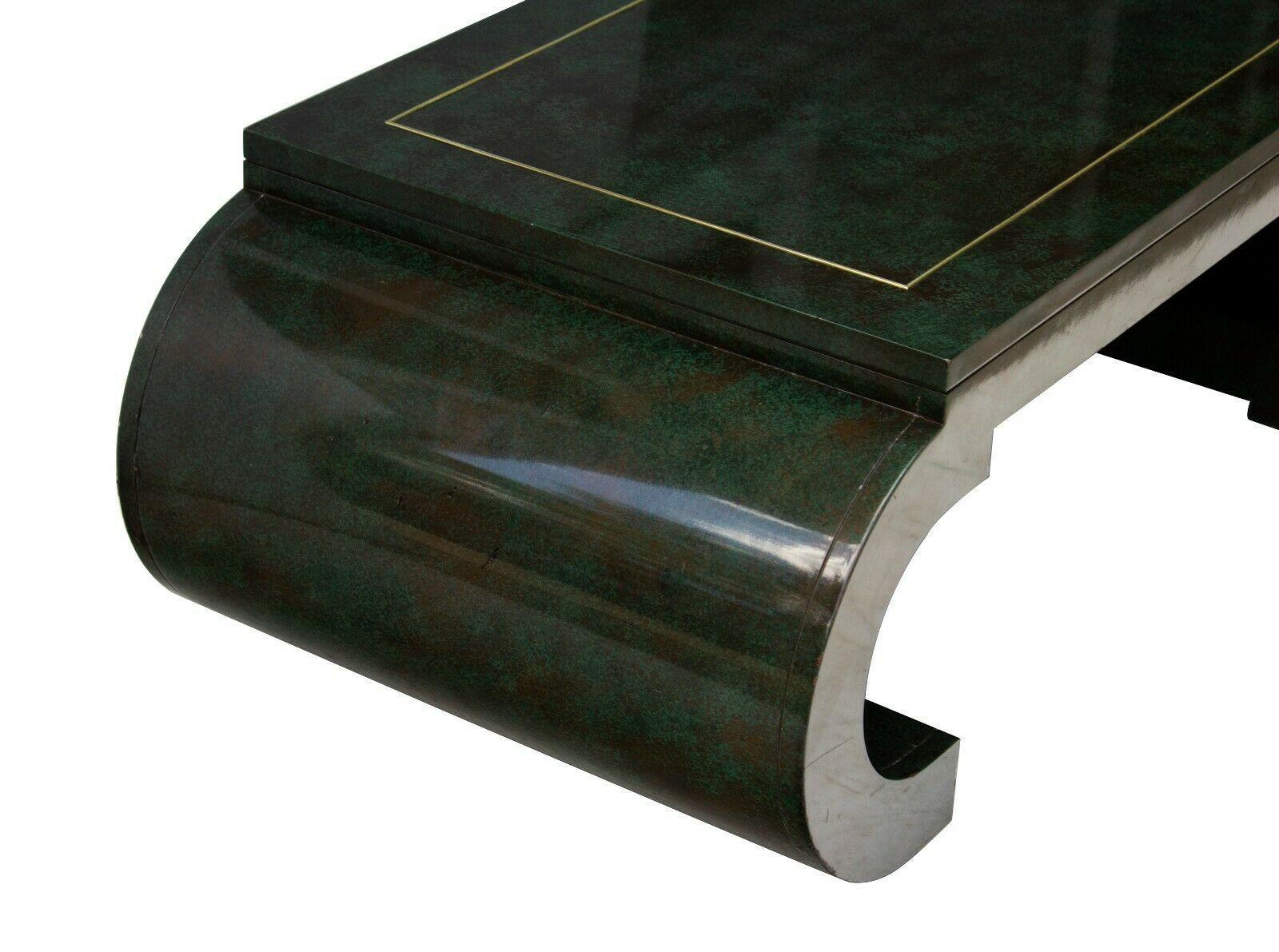 Chinoiserie Scroll Coffee Table Dark Green Lacquer with Brass Bead by Mastercraf 2