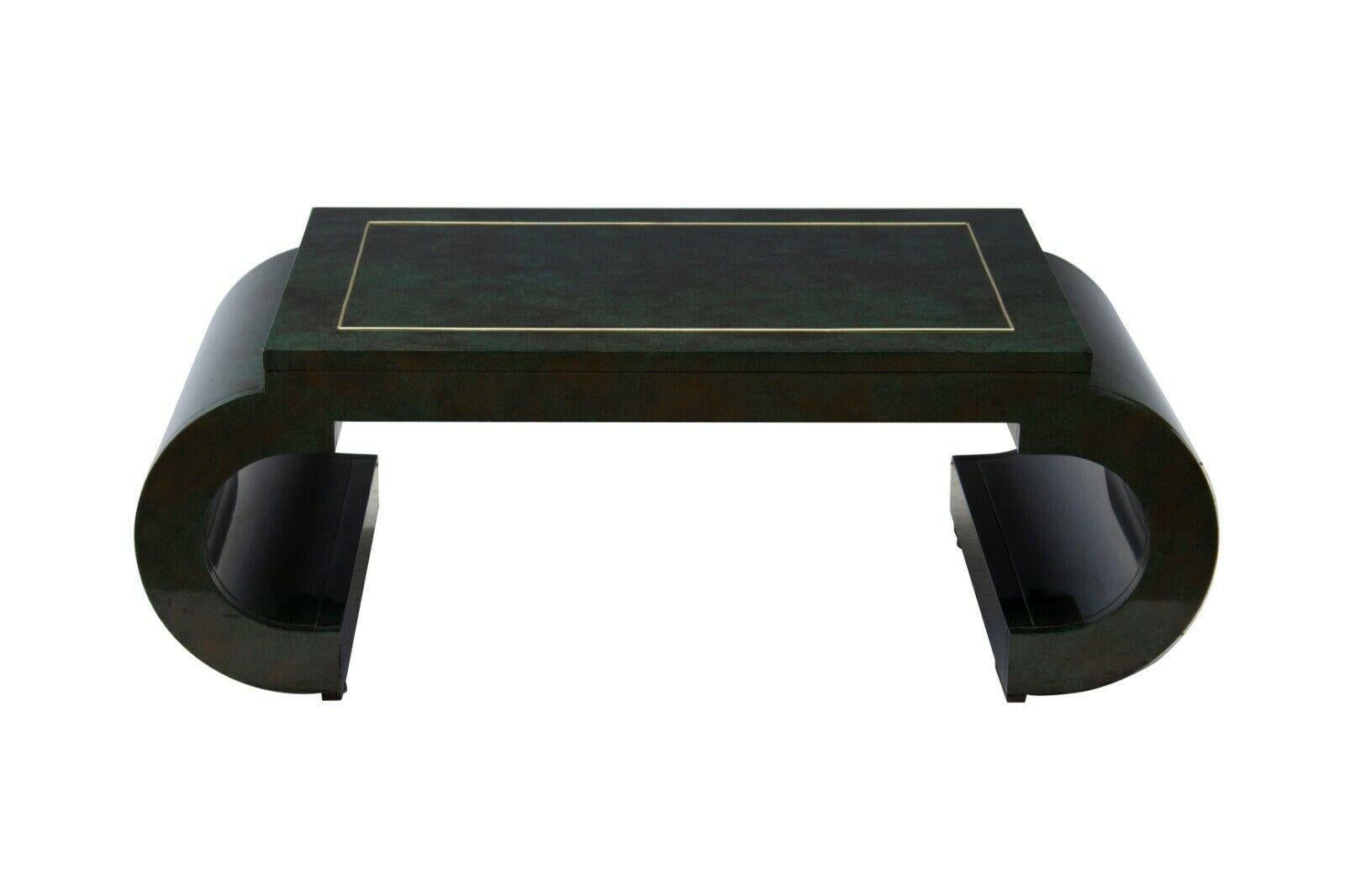Chinoiserie Scroll Coffee Table Dark Green Lacquer with Brass Bead by Mastercraf 3