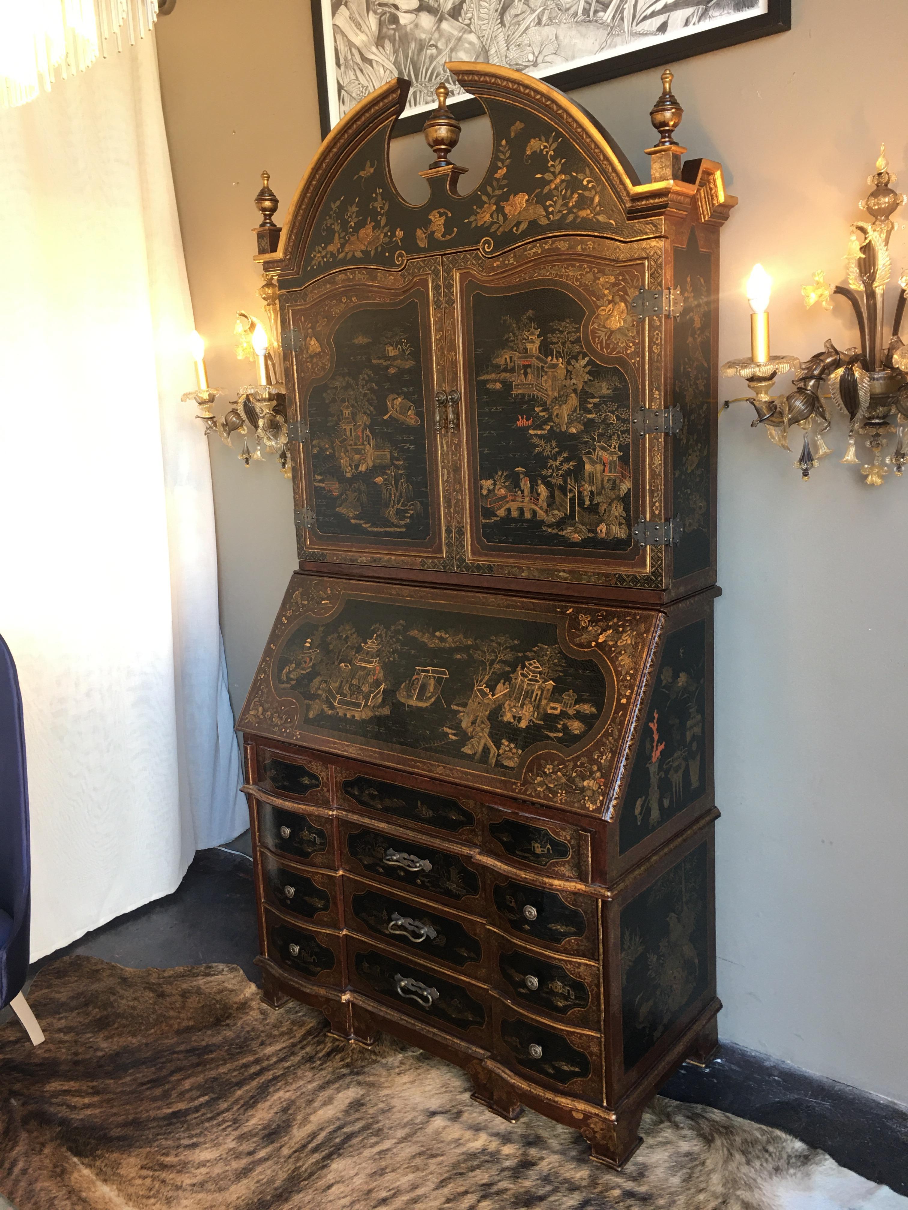 Chinoiserie secretary desk. Books and accessories not included.
Measurements open: 84 inches H x 66 inches W x 34.75 inches D.