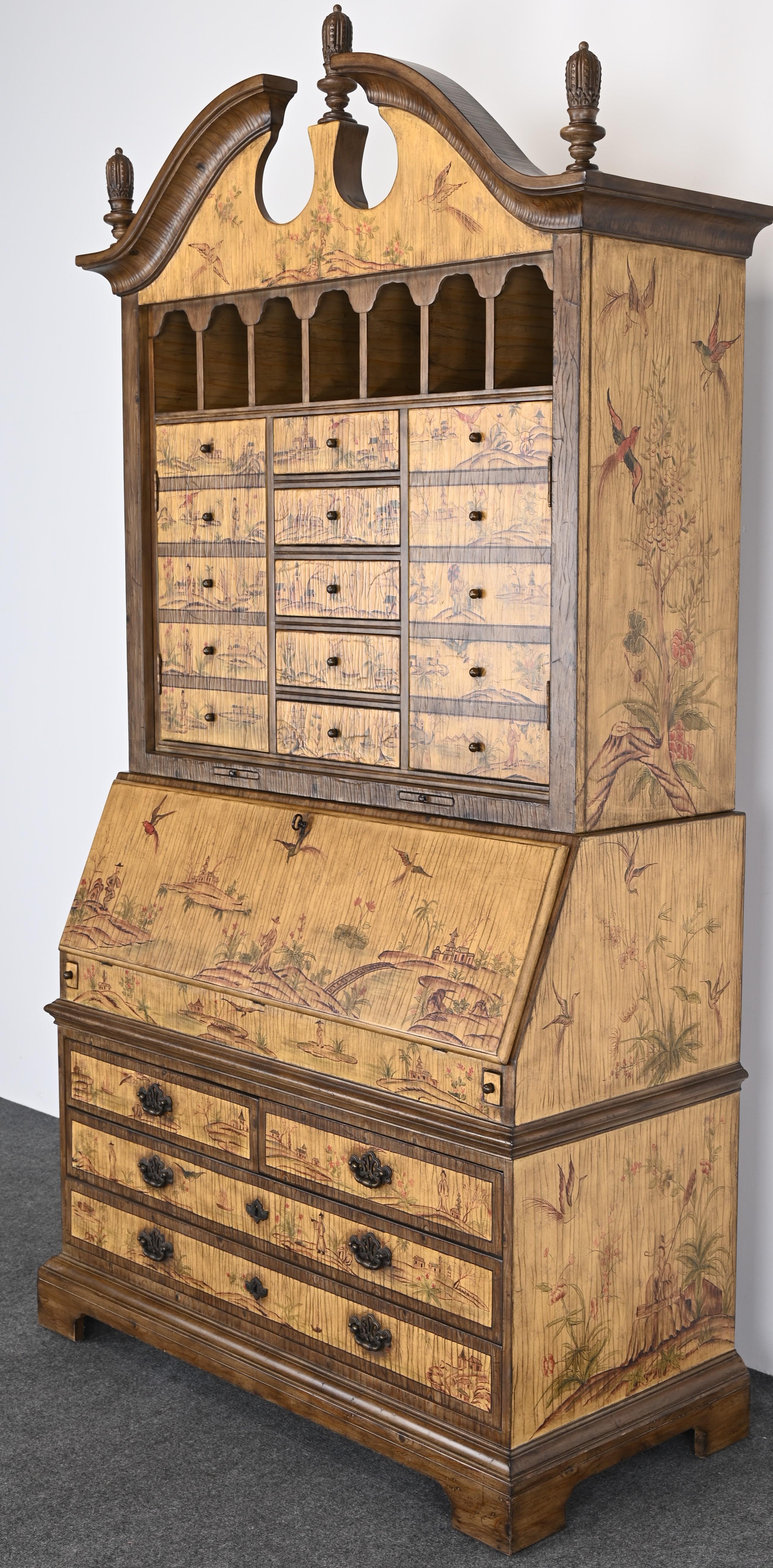 A fabulous Asian-made decorated Chinoiserie Secretary with painted flowers and birds. A great statement piece to decorate a room around. Nice scale and style with plenty of storage, desk, drawers, and cubby holes. Would look great in any interior