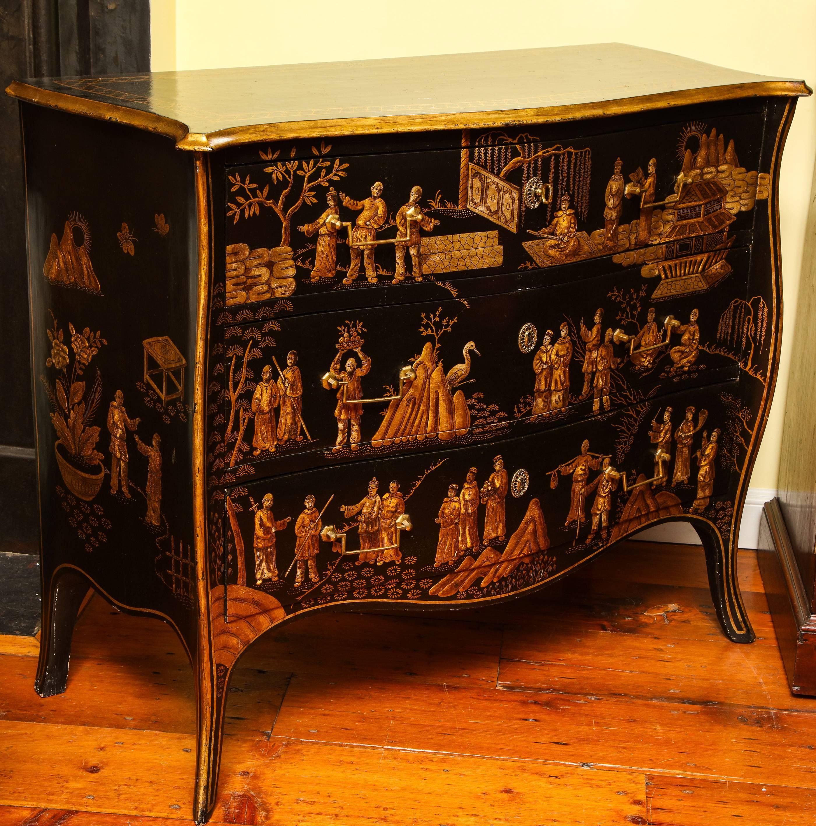 Very fine Louis XV style chinoiserie serpentine chest of drawers, shaped top with a conforming band of diaper pattern, the front and sides japanned in silver and gold with overall decorative scheme of musicians and figures at work and play amidst