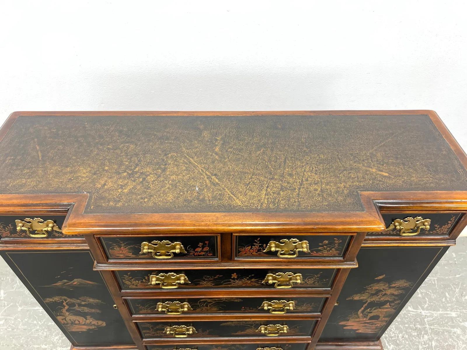 Chinoiserie Server Cabinet With Tooled Leather Top In Good Condition For Sale In Elkton, MD