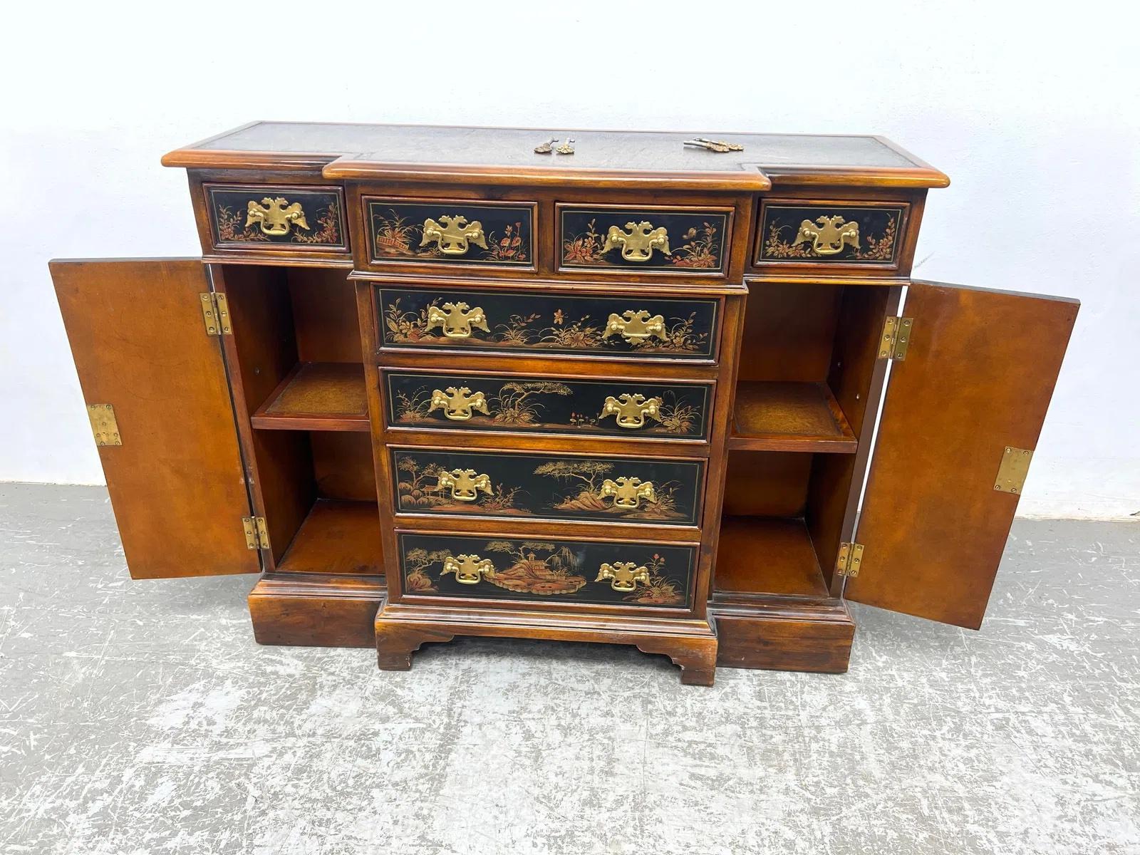 Chinoiserie Server Cabinet With Tooled Leather Top For Sale 1