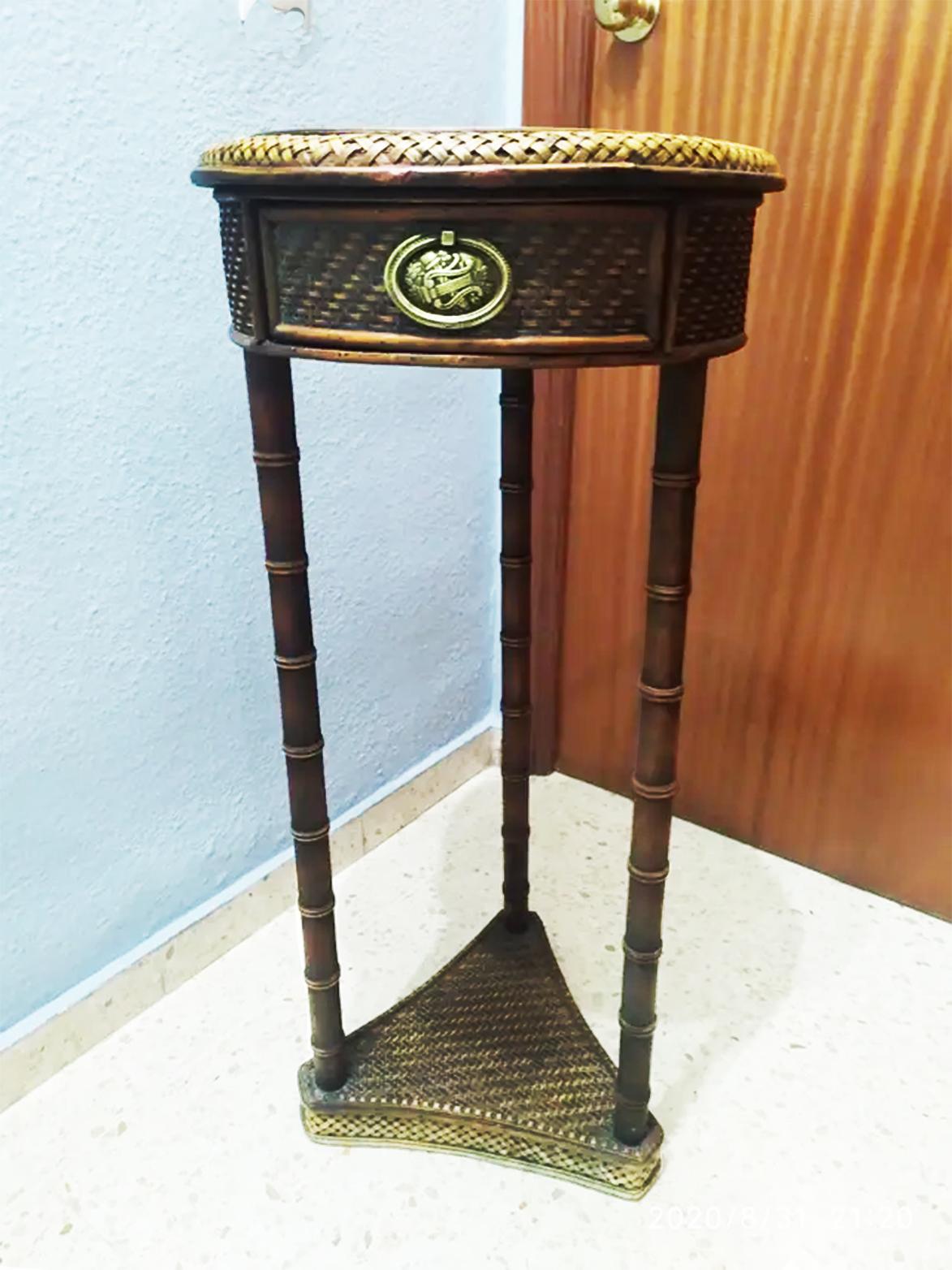 Chinese Chippendale Chinoiserie Side Table in Rattan and Faux Bamboo with a Drawer