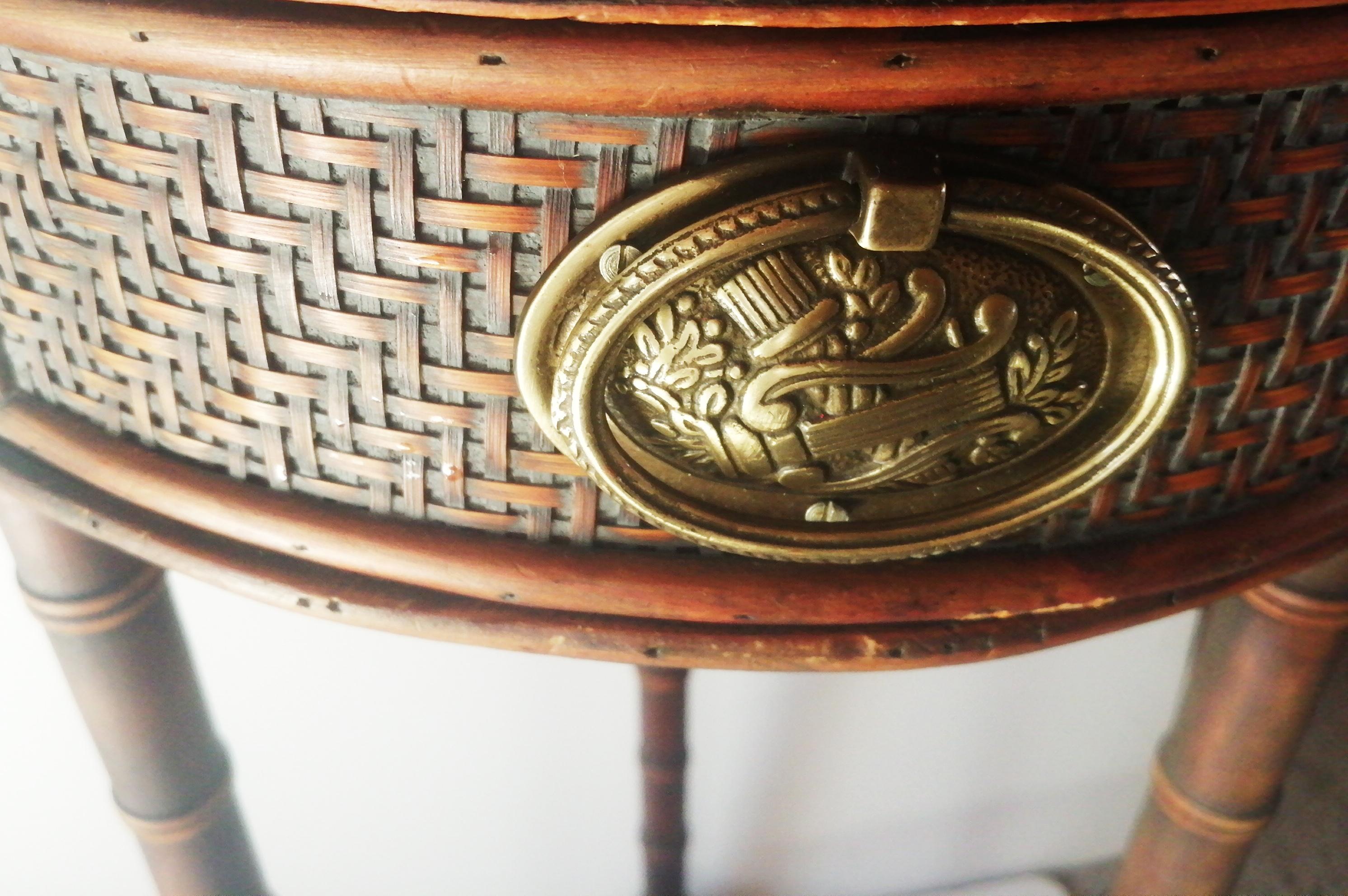 English Chinoiserie Side Table in Rattan and Faux Bamboo with a Drawer