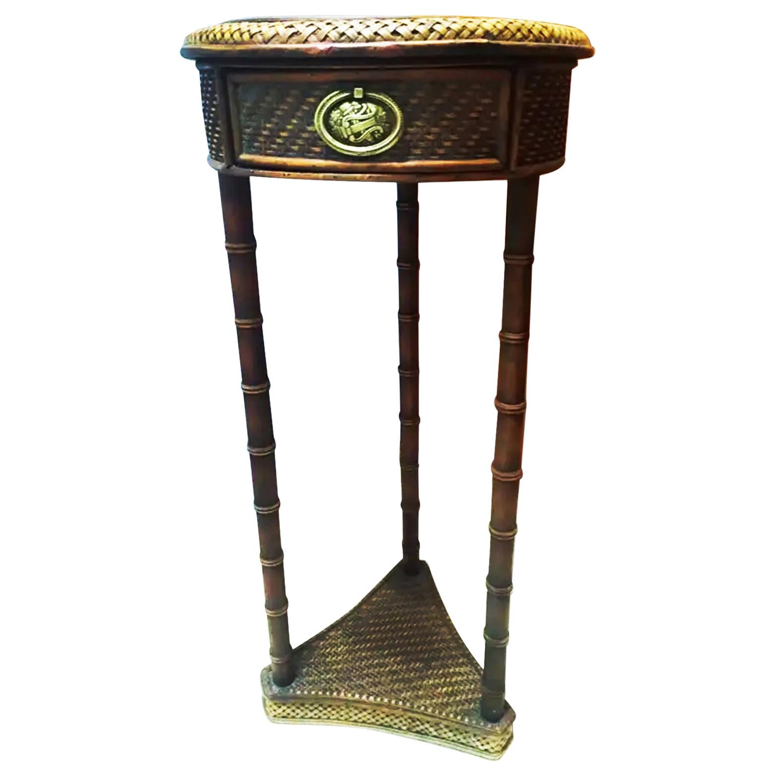 Chinoiserie Side Table in Rattan and Faux Bamboo with a Drawer