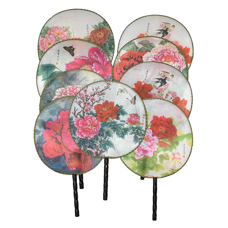 Chinoiserie Silk Paddle Fans with Floral and Bird Details Set of 9 New