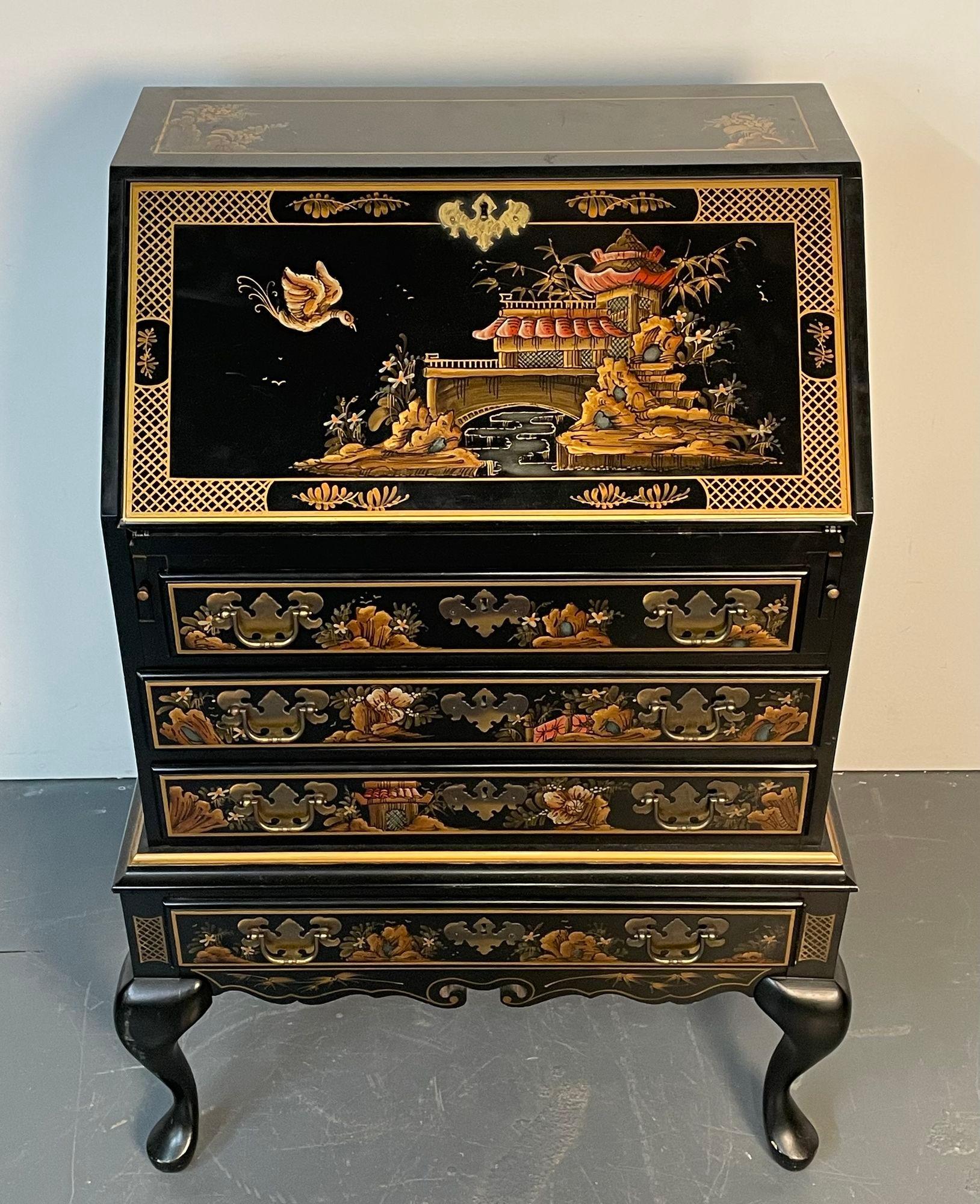 Chinoiserie Slant Front Writing Desk / Cabinet, Chinese Motif
A Decorative Slat Front Desk in the Chinoiserie Style on Queen Anne Legs which support a lower commode of four drawers leading to a drop down large writing surface with a fitted interior