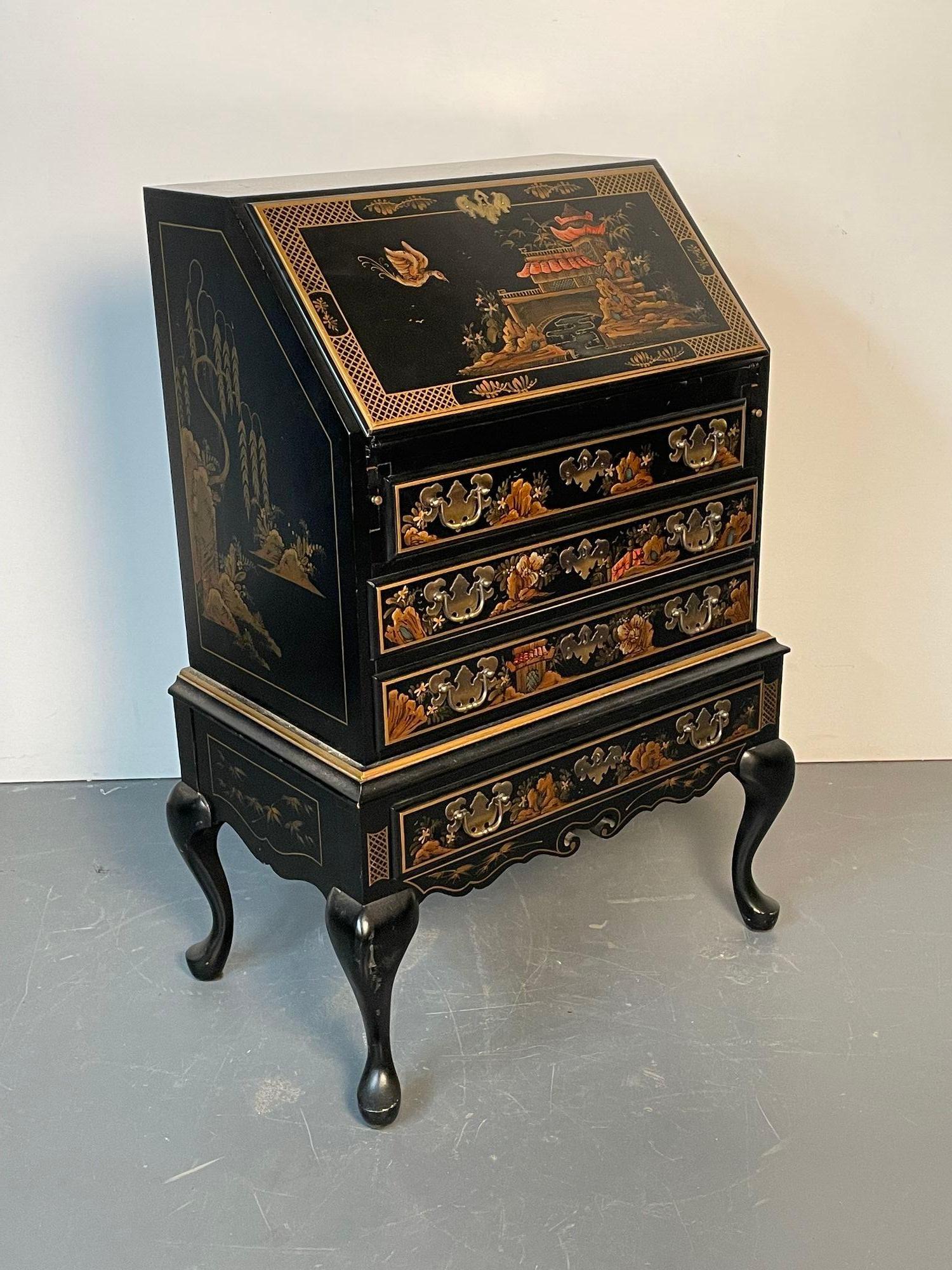 Chinoiserie Slant Front Writing Desk / Cabinet, Chinese Motif, Slant Front In Excellent Condition In Stamford, CT