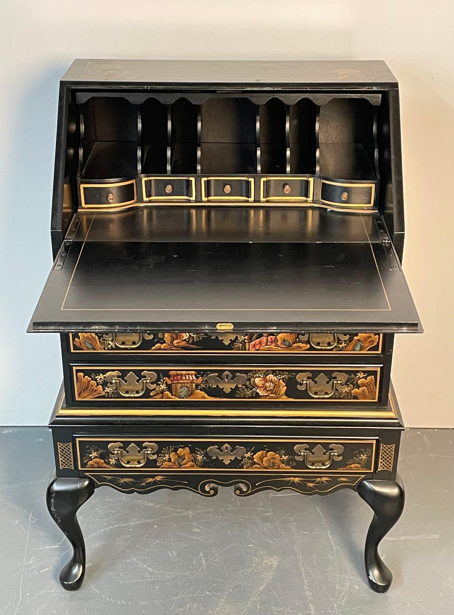 Wood Chinoiserie Slant Front Writing Desk / Cabinet, Chinese Motif, Slant Front