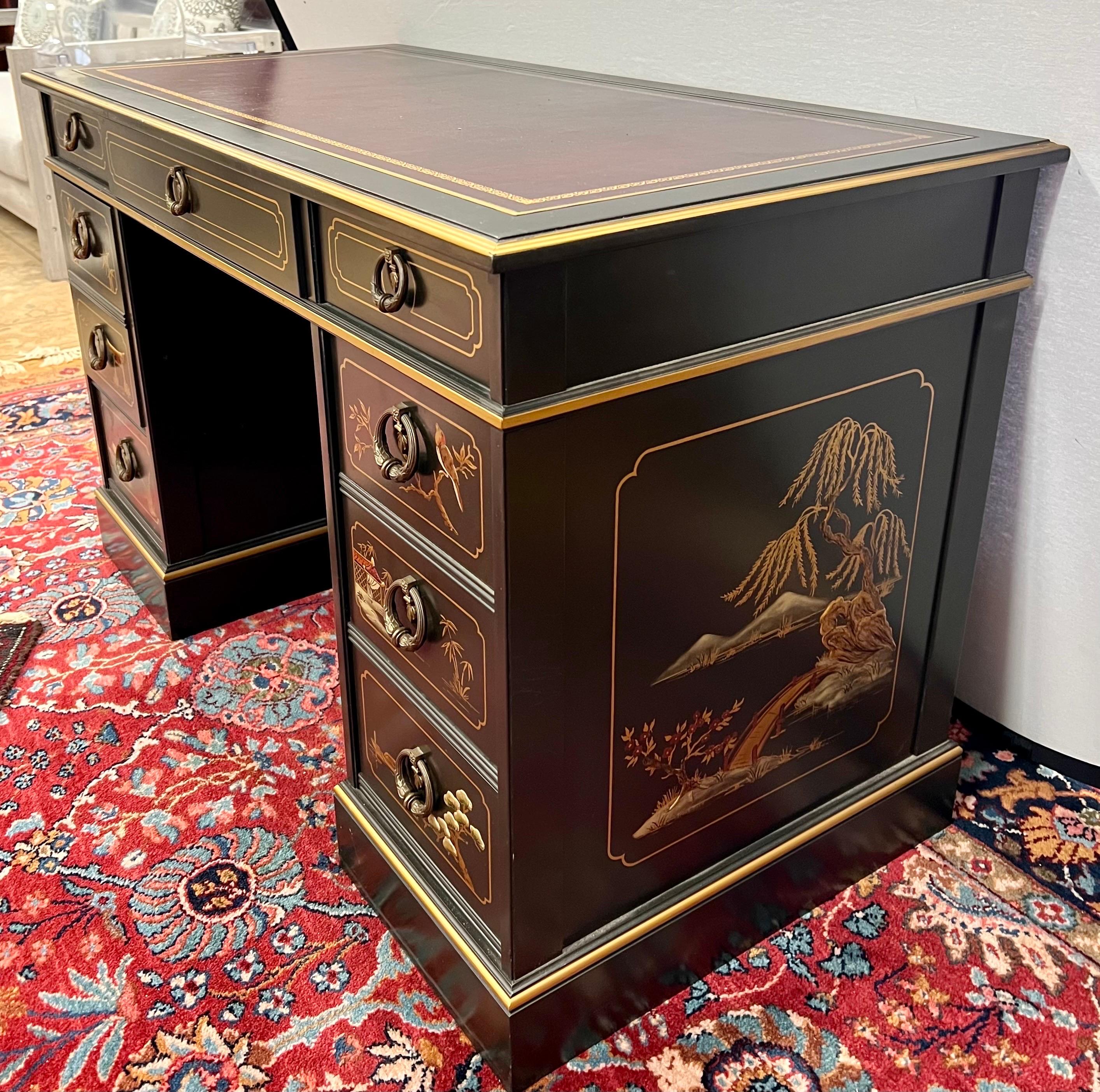 American Chinoiserie Sligh-Lowry Black Lacquered Partners Kneehole Desk