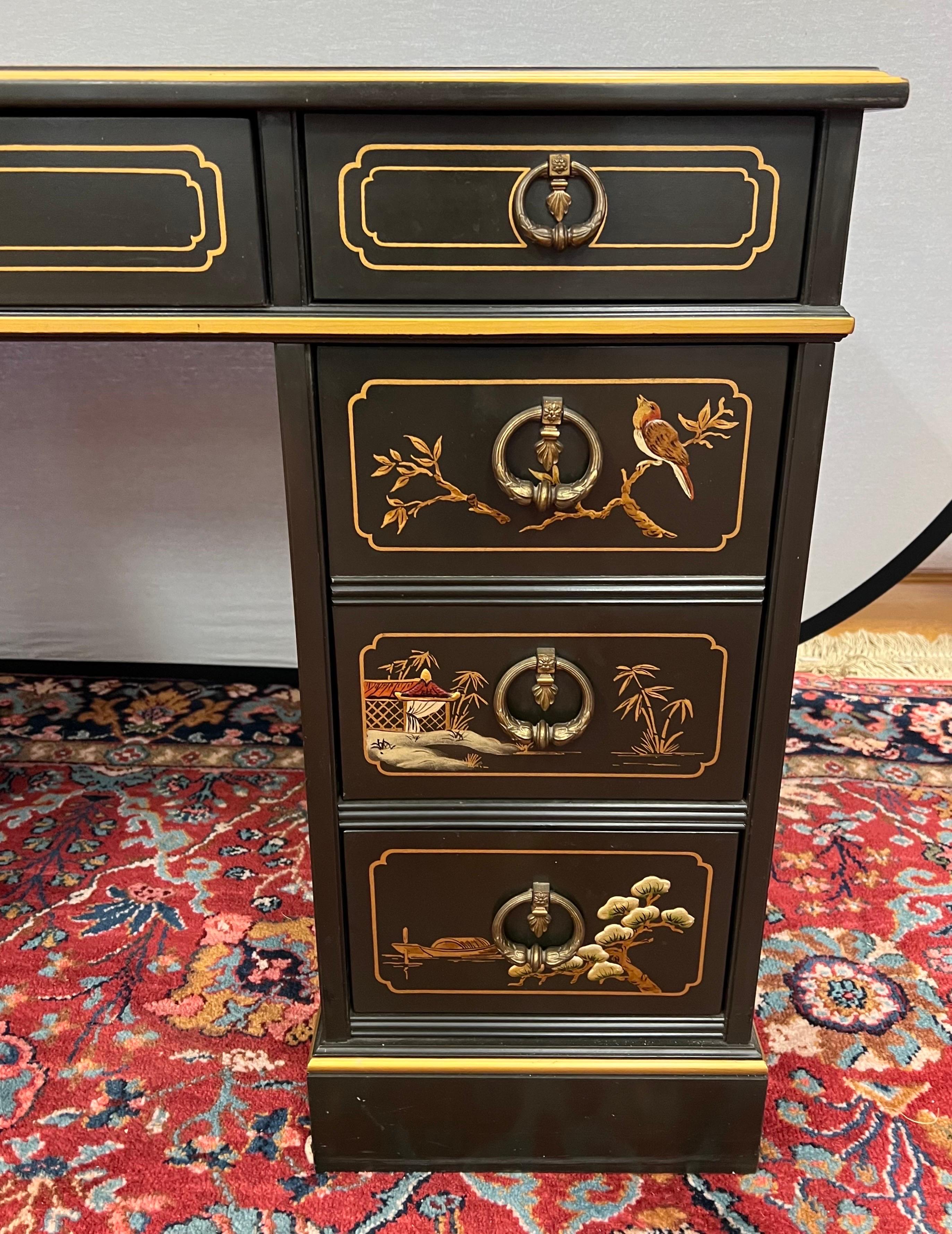 Chinoiserie Sligh-Lowry Black Lacquered Partners Kneehole Desk In Good Condition In West Hartford, CT