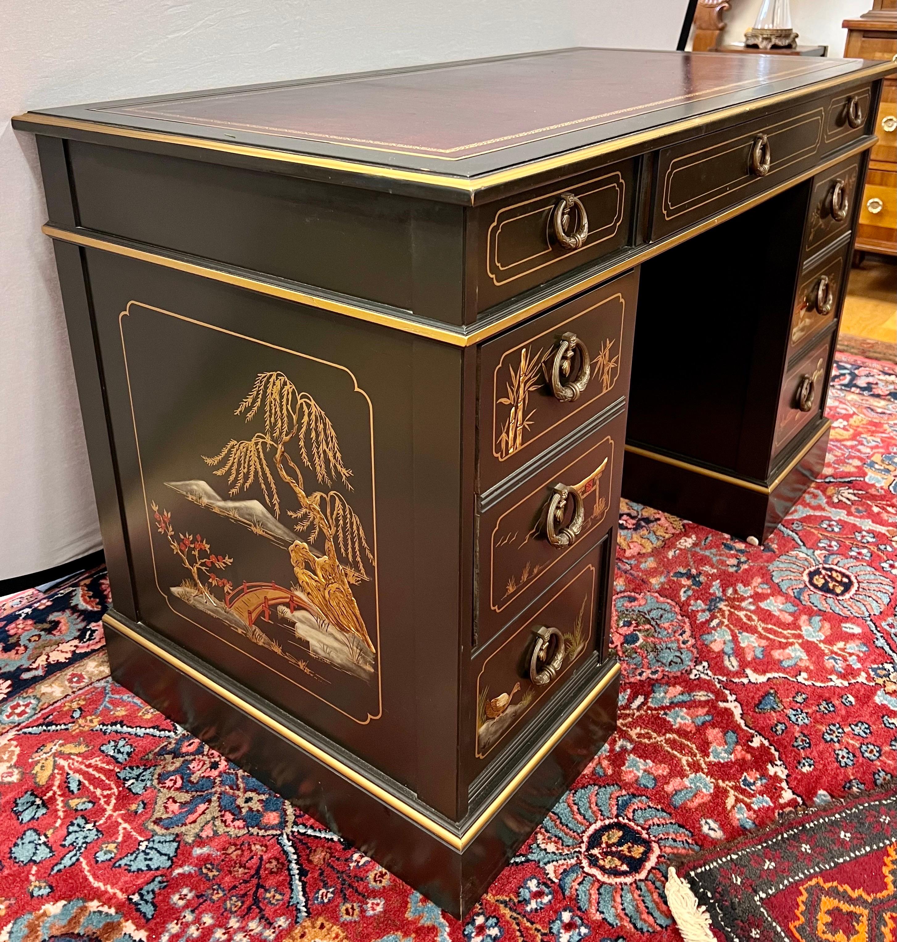 Leather Chinoiserie Sligh-Lowry Black Lacquered Partners Kneehole Desk