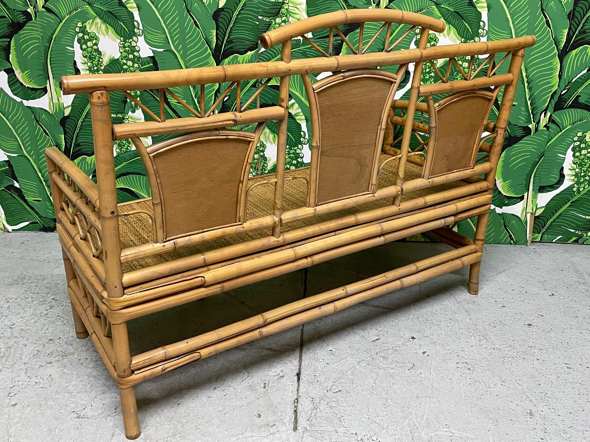 Bohemian Chinoiserie Style Bamboo and Woven Wicker Loveseat Bench