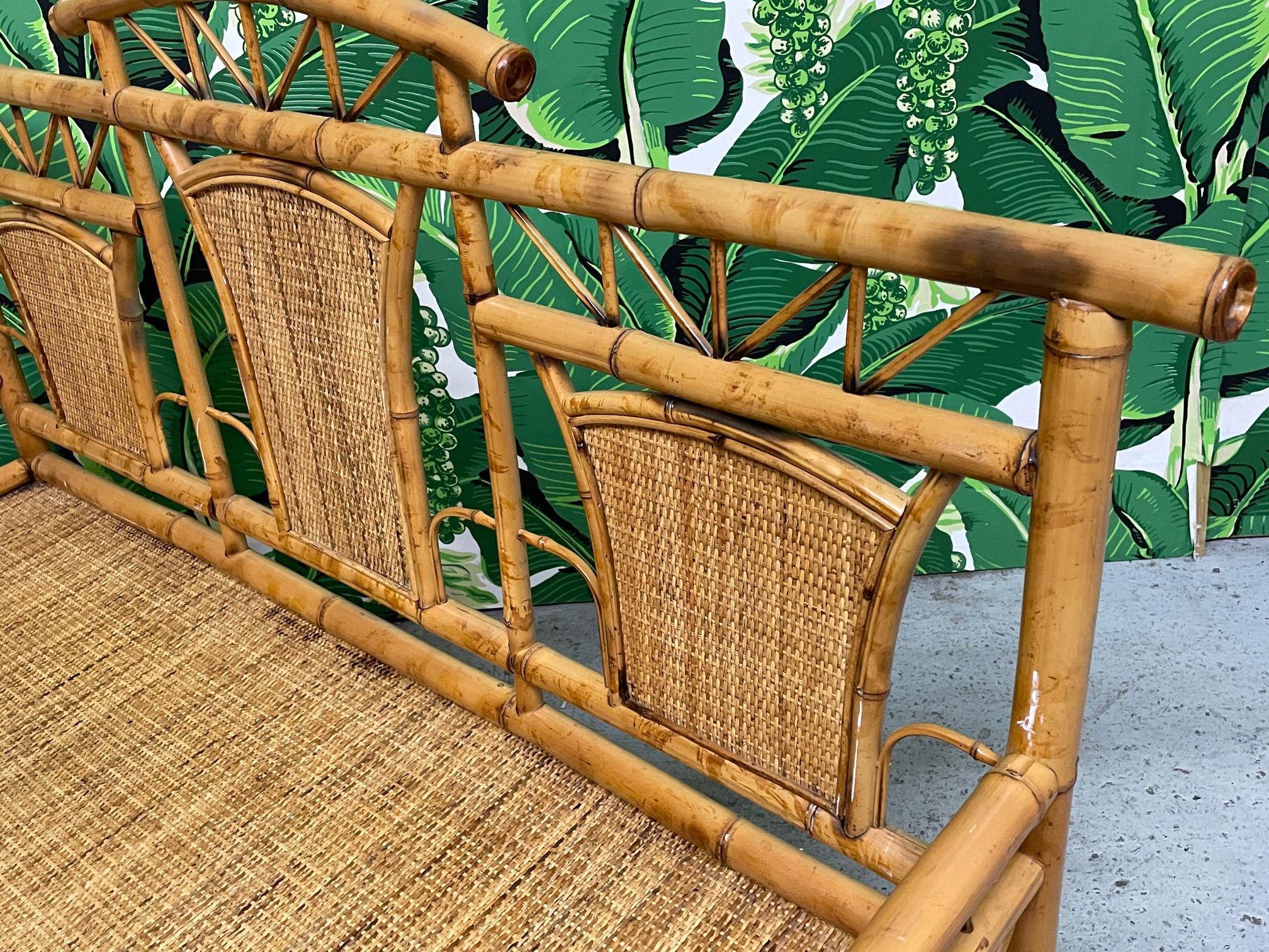 Chinoiserie Style Bamboo and Woven Wicker Loveseat Bench 1