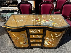 Chinoiserie Style Black Lacquer w/ Gold Accent Painted Buffet Cabinet
