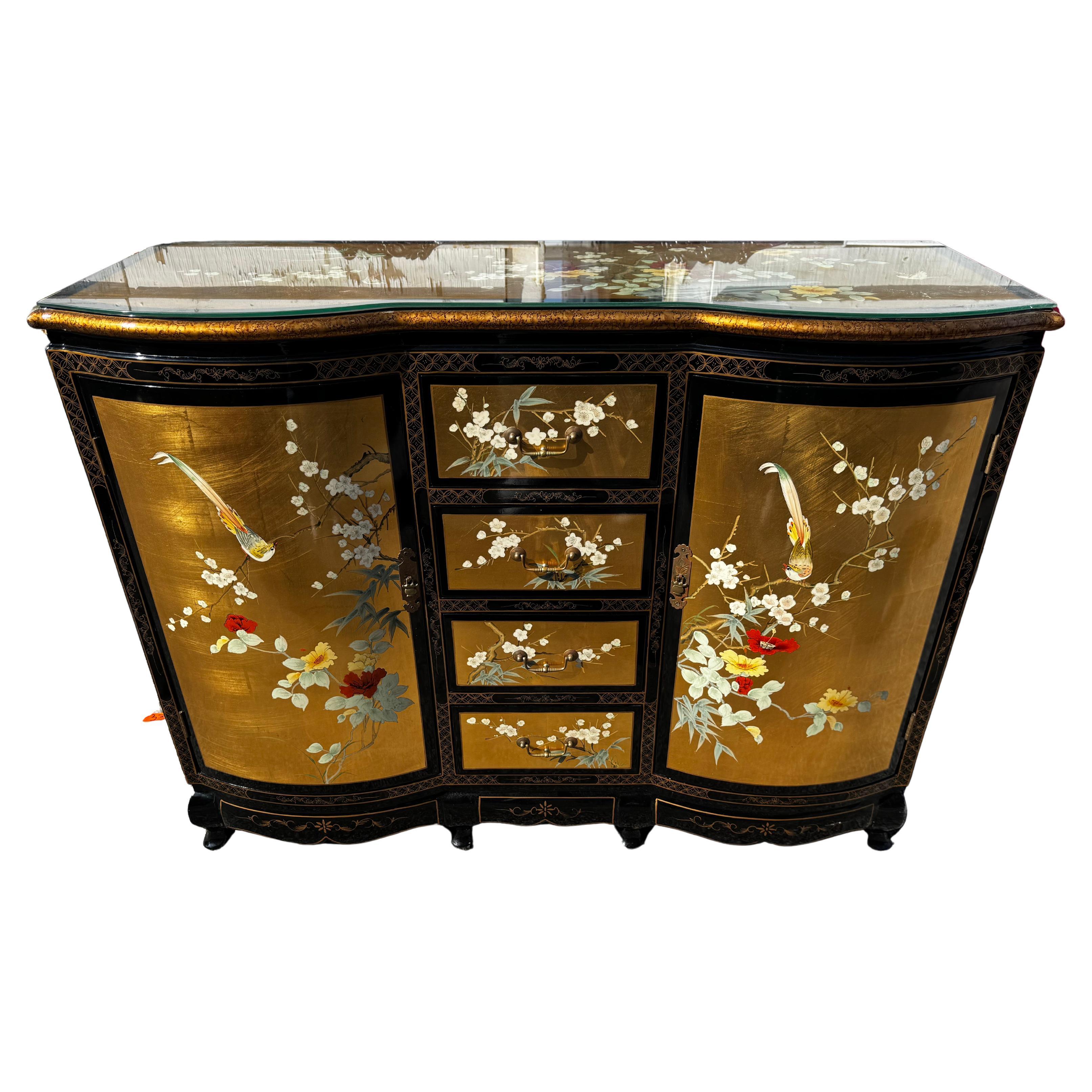 Chinoiserie Style Black Lacquer w/ Gold Accent Painted Buffet Cabinet