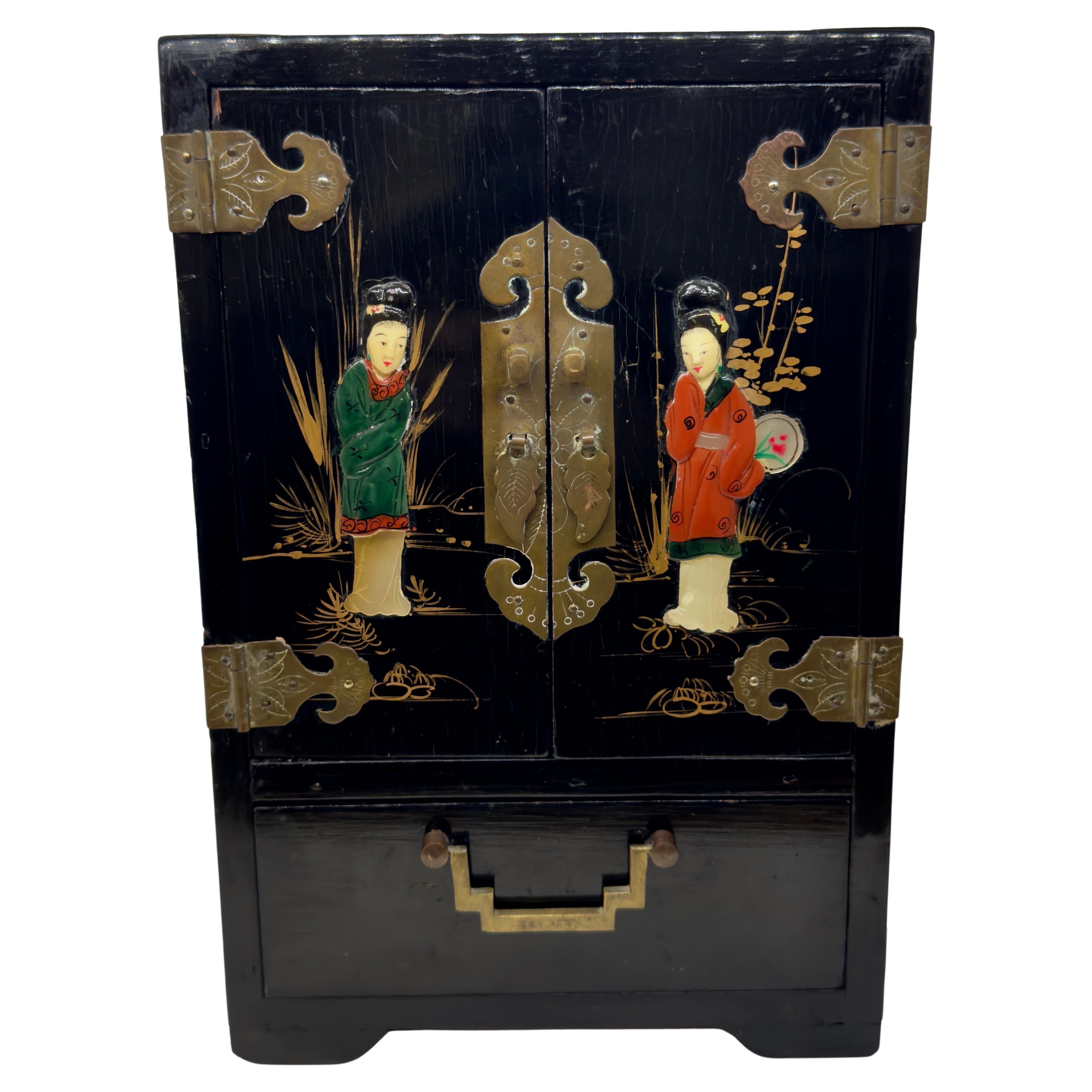Chinoiserie Style Black Lacquered Jewlery Chest or Cabinet  For Sale