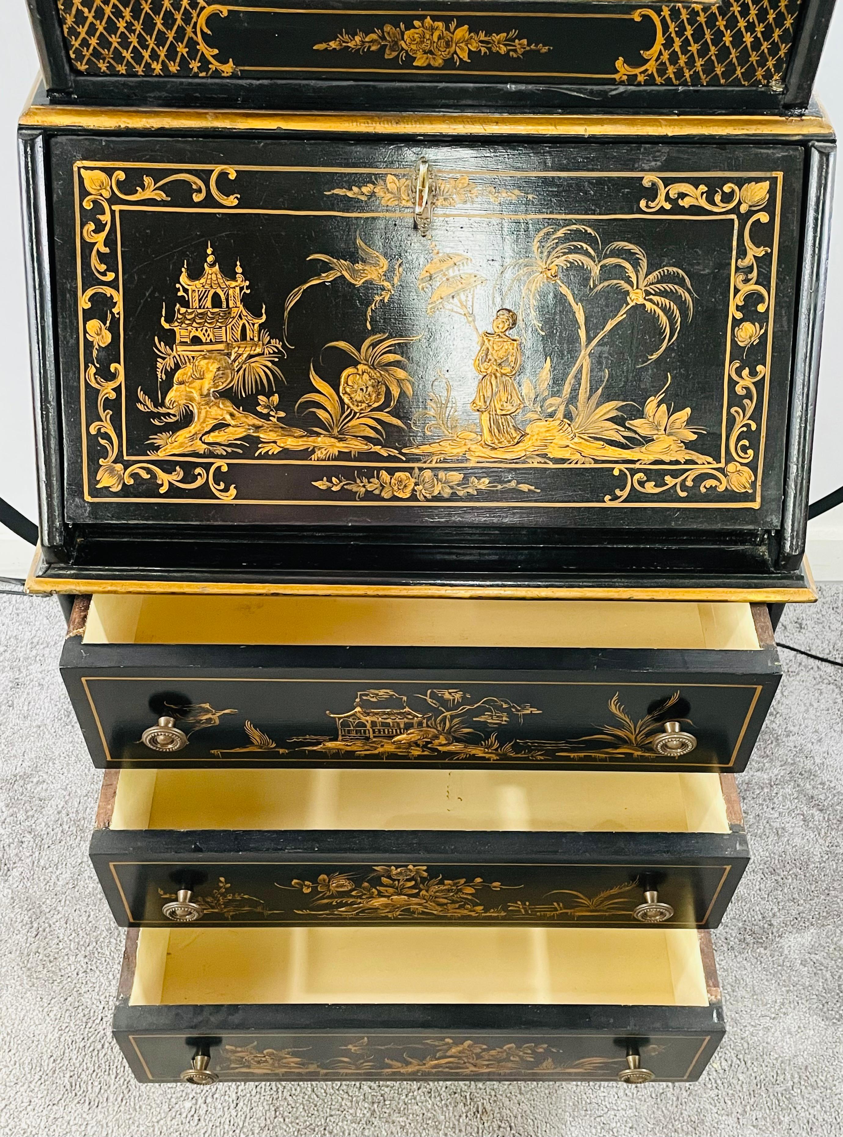 Chinoiserie Style Carved Black Lacquer Secretary Desk, Bookcase, Cabinet 6