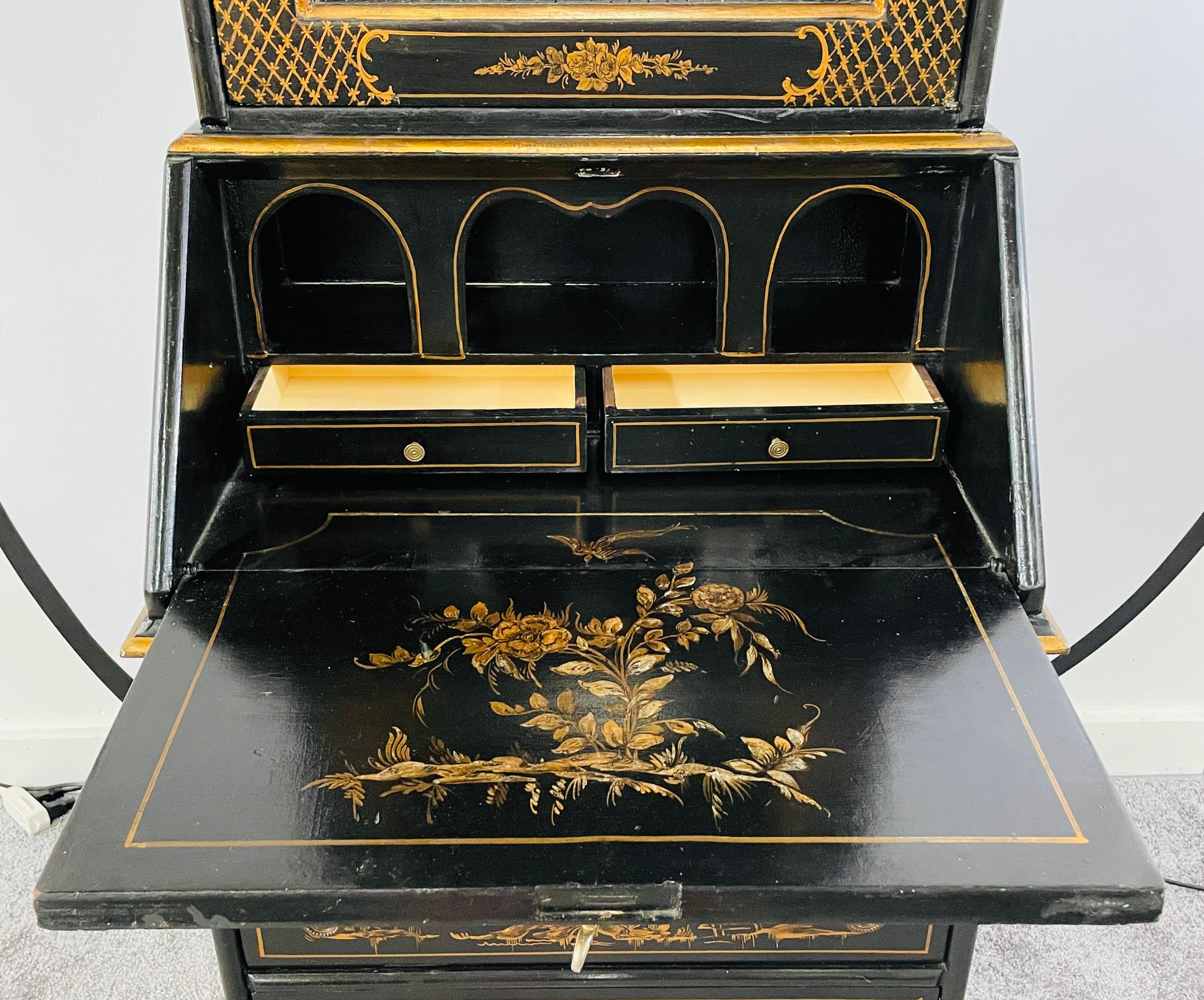 Chinoiserie Style Carved Black Lacquer Secretary Desk, Bookcase, Cabinet 8