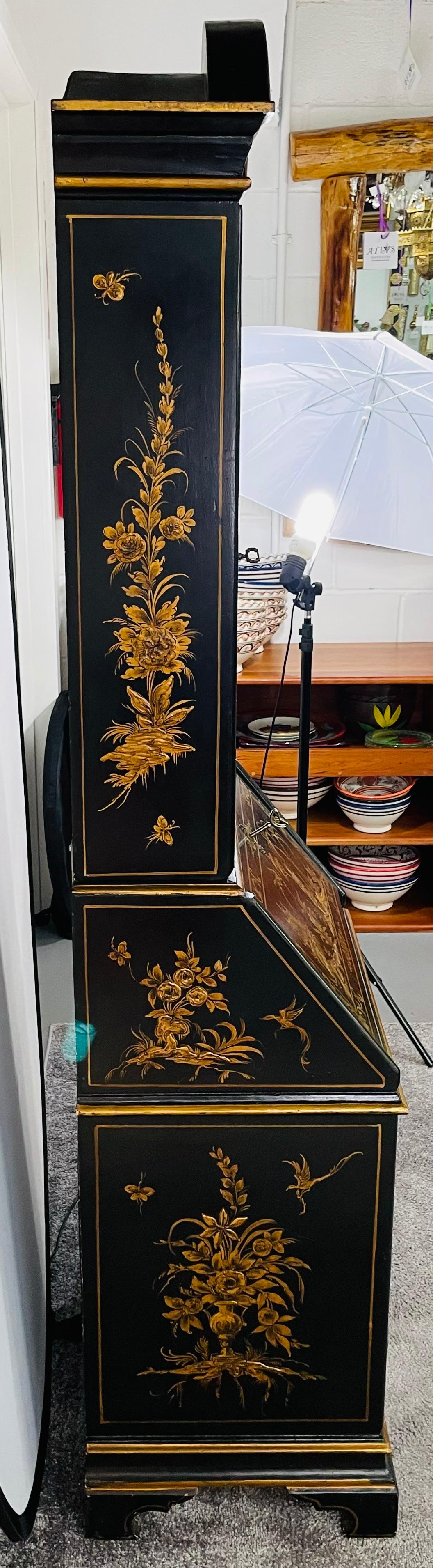 Chinoiserie Style Carved Black Lacquer Secretary Desk, Bookcase, Cabinet 11