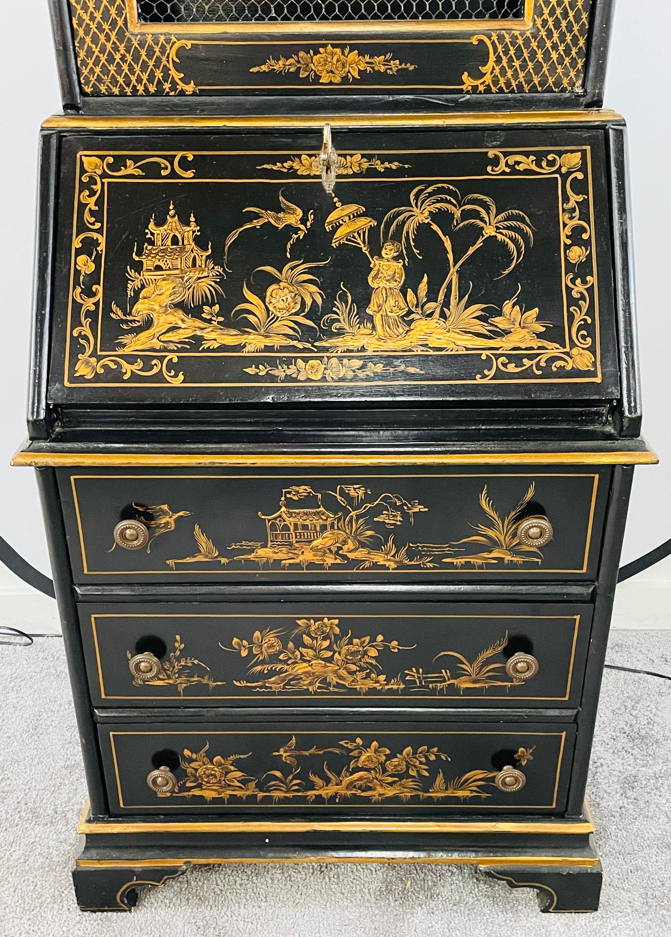 Chinoiserie Style Carved Black Lacquer Secretary Desk, Bookcase, Cabinet 3