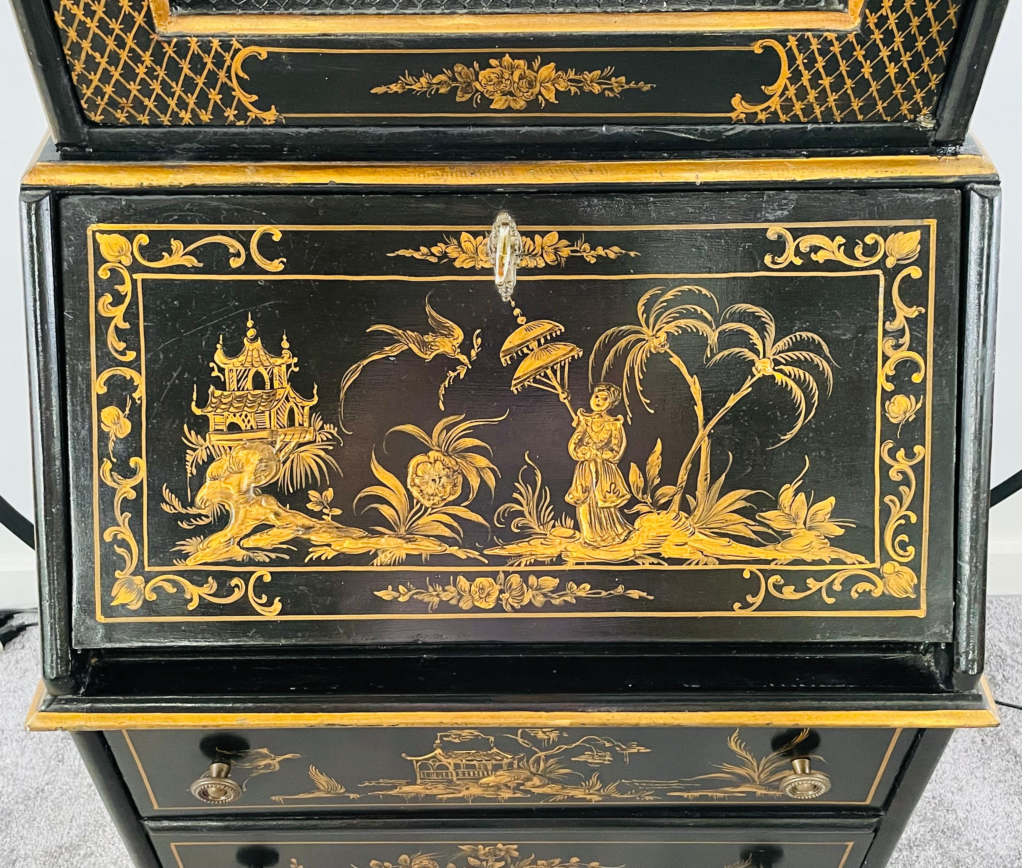 Chinoiserie Style Carved Black Lacquer Secretary Desk, Bookcase, Cabinet 4