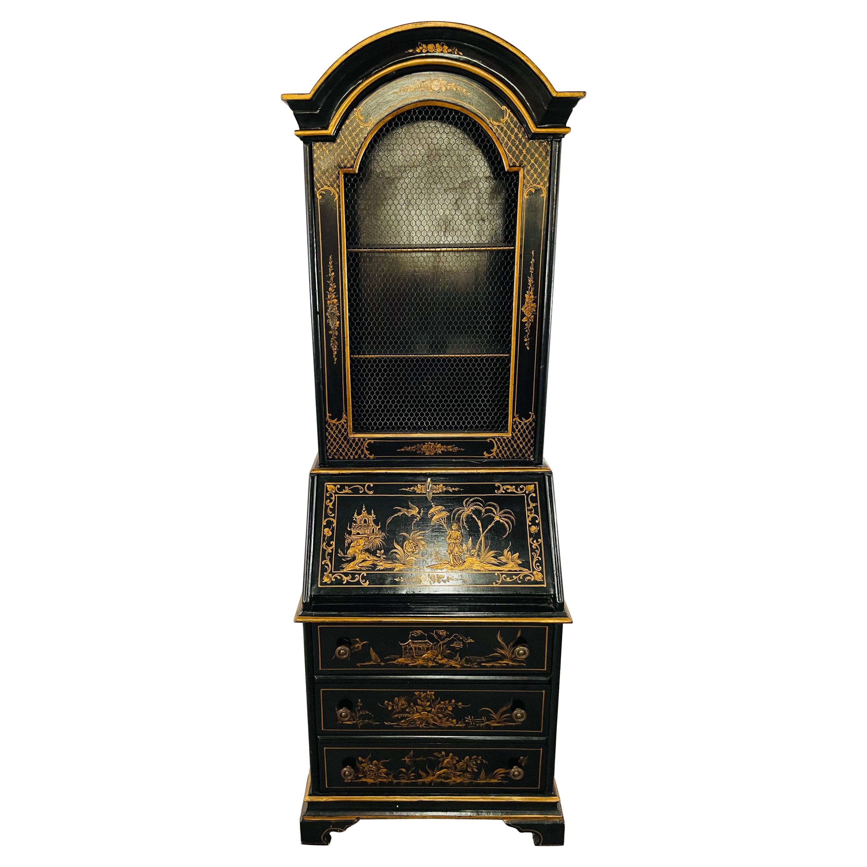 Chinoiserie Style Carved Black Lacquer Secretary Desk, Bookcase, Cabinet