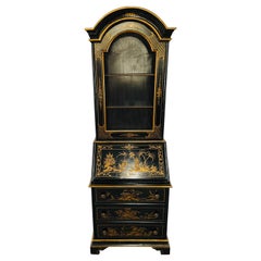 Chinoiserie Style Carved Black Lacquer Secretary Desk, Bookcase, Cabinet