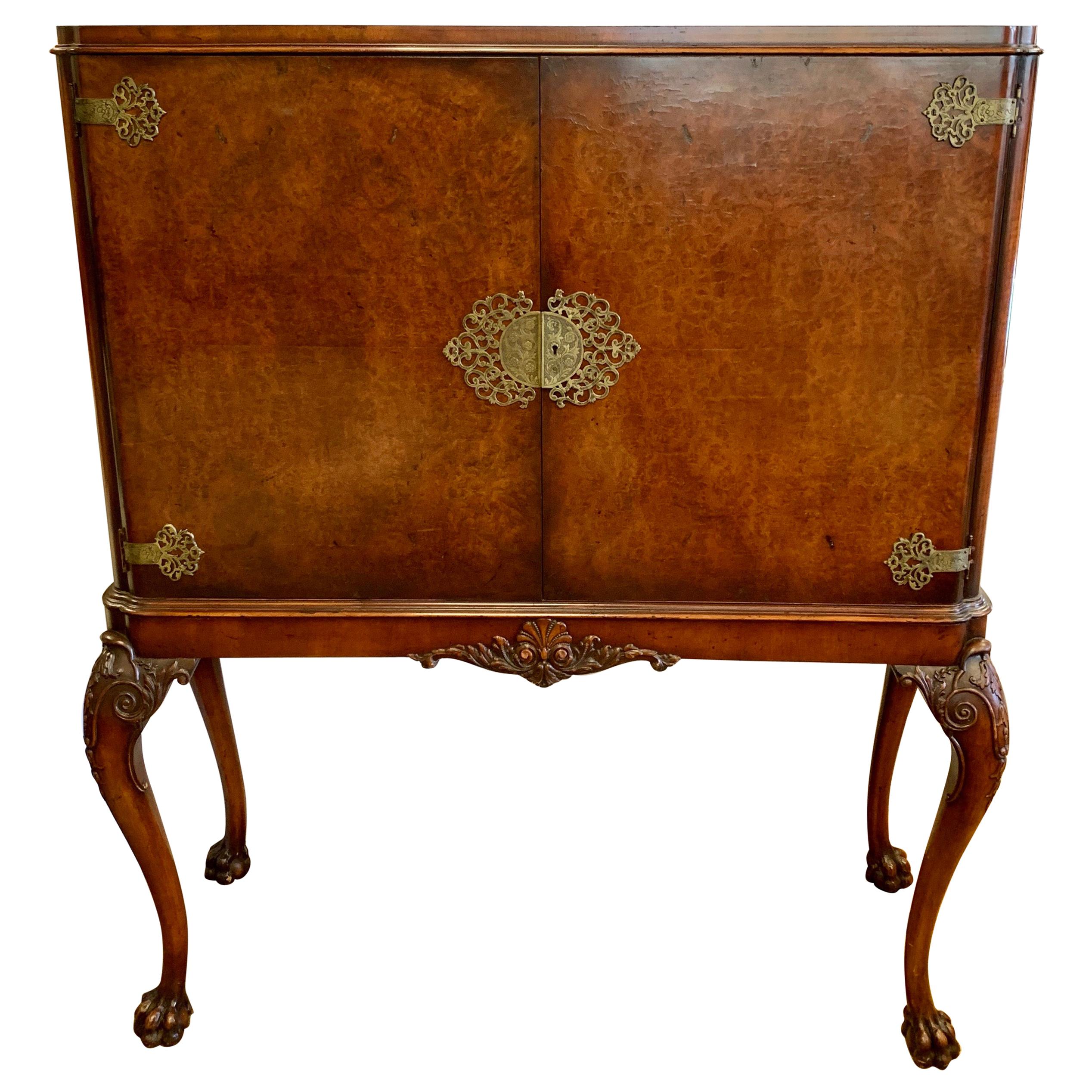 Chinoiserie Style Carved Burl Walnut Cabinet Dry Bar