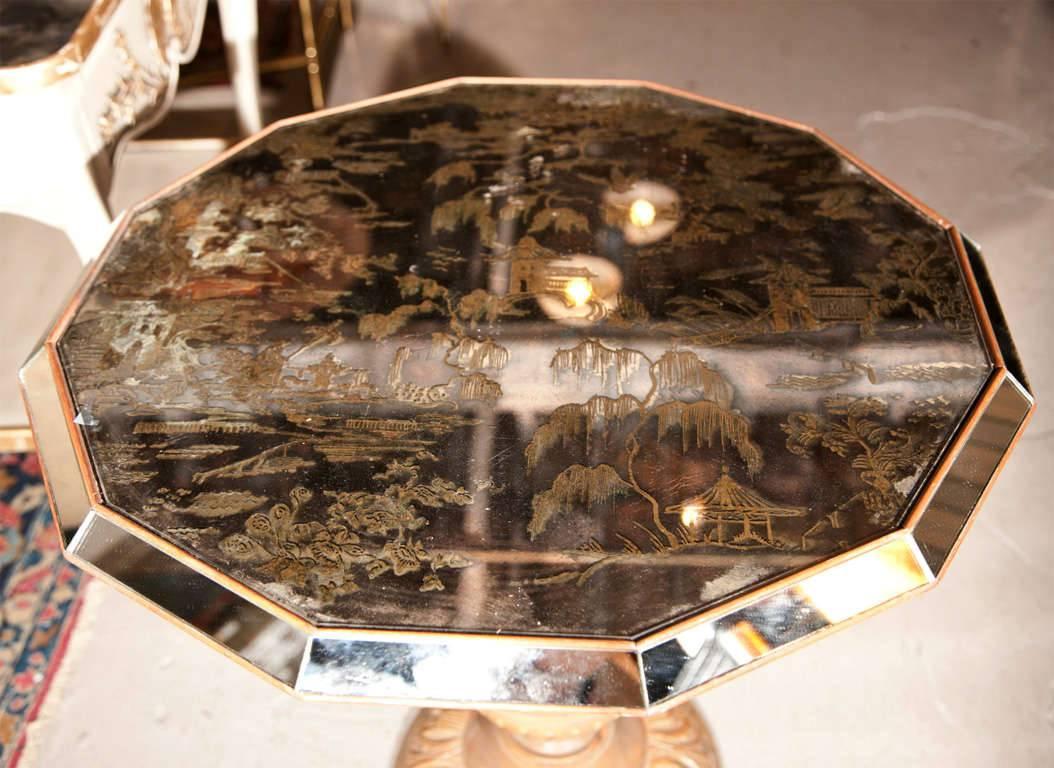 20th Century Chinoiserie Style Center Table with Eglomise Glass Top on a Single Pedestal