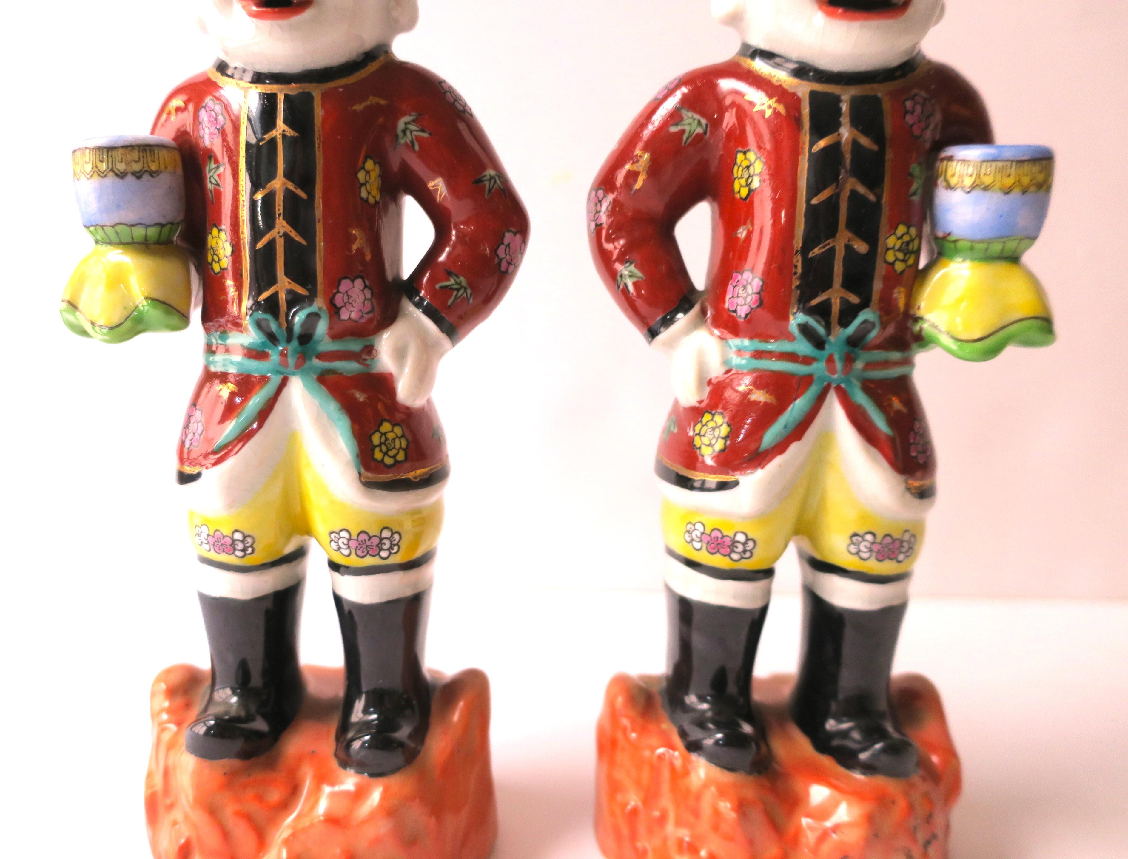 20th Century Chinoiserie Style Ceramic Male Figures Hand Painted Decorative Objects, Pair For Sale