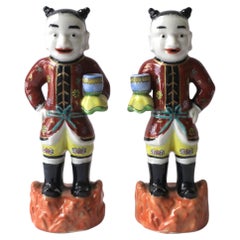 Chinoiserie Style Ceramic Male Figures Hand Painted Decorative Objects, Pair