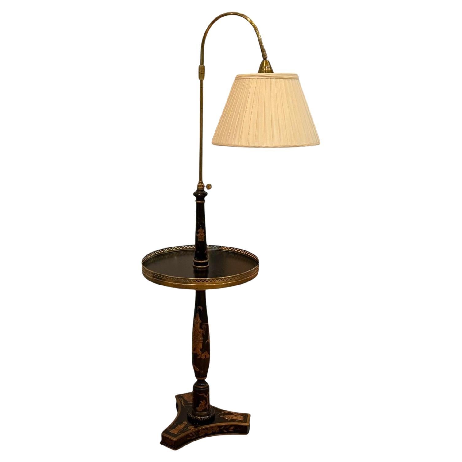 Chinoiserie Style, Crackle Lacquer, Giltwood, Floor Lamp with Shelf, USA, 20th C